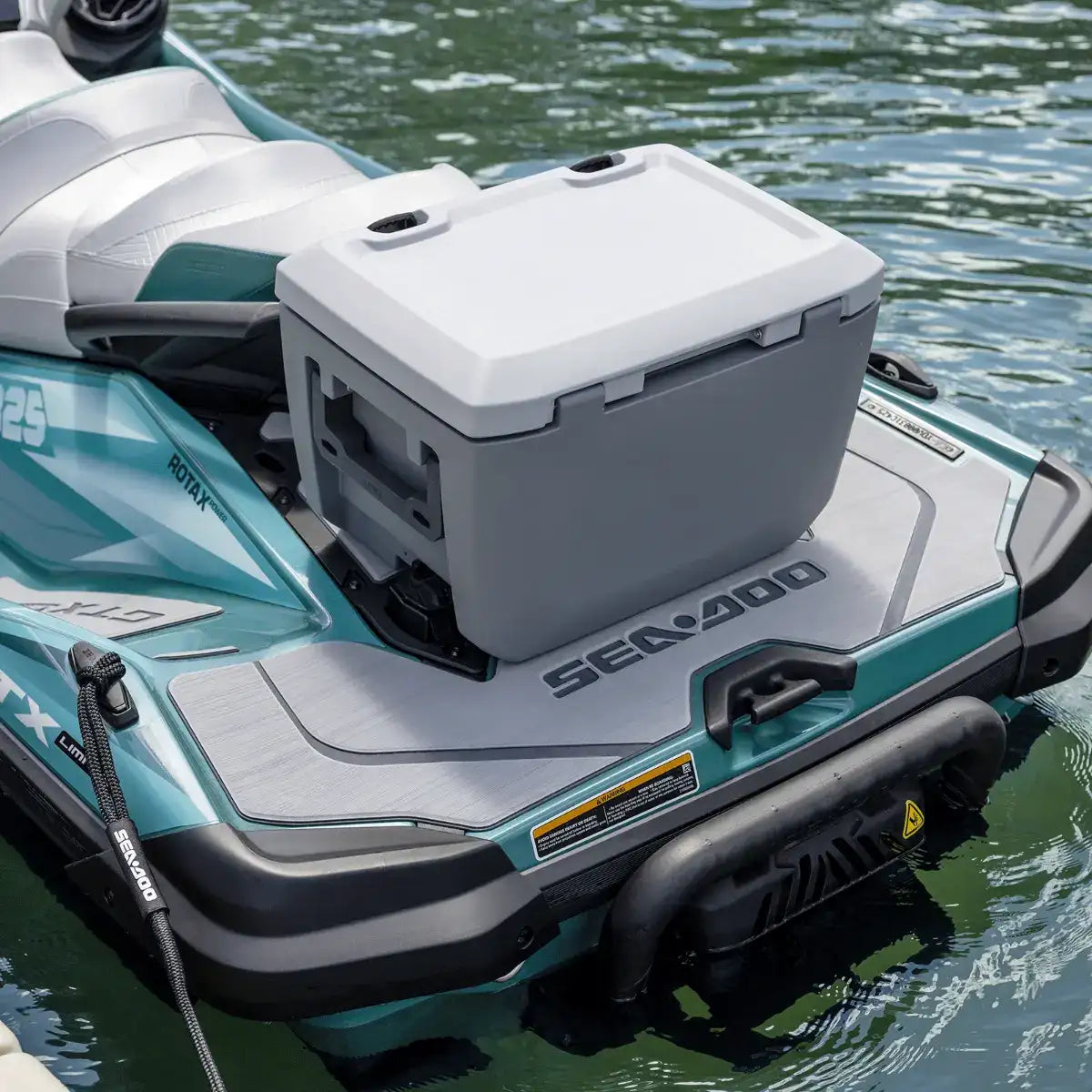 Sea-Doo LinQ cooler 5.3 US gal mounted on teal Sea-Doo jet ski