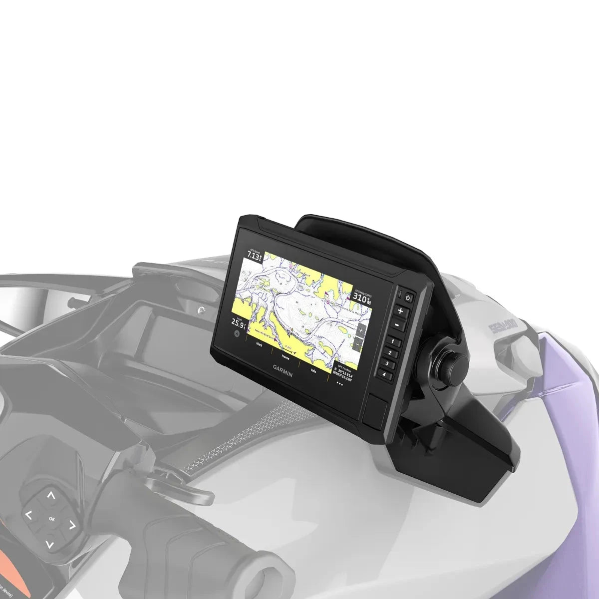 Garmin ECHOMAP UHD2 72sv GPS chartplotter mounted on Sea-Doo PWC, color touchscreen map display.