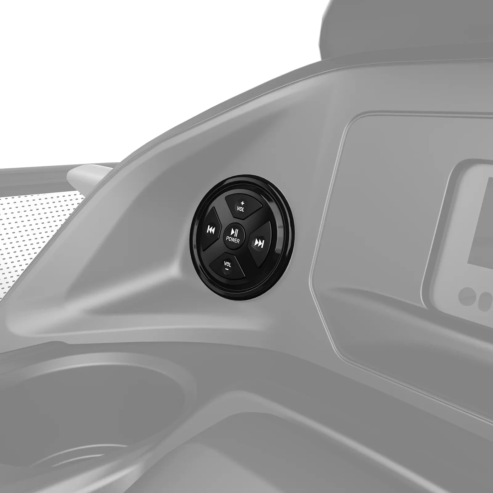 Sea-Doo Switch Audio System control panel on a watercraft; round black button cluster with volume, power, and media controls.