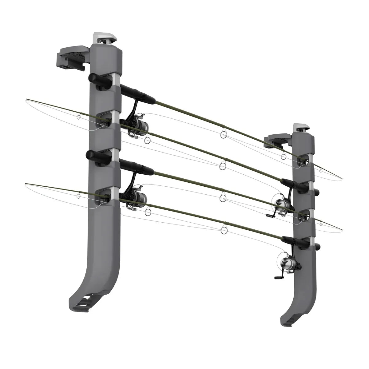 Sea-Doo Switch Quick-Access Rod Storage; gray dual-tower rod racks for Sea-Doo Switch with multiple fishing rods