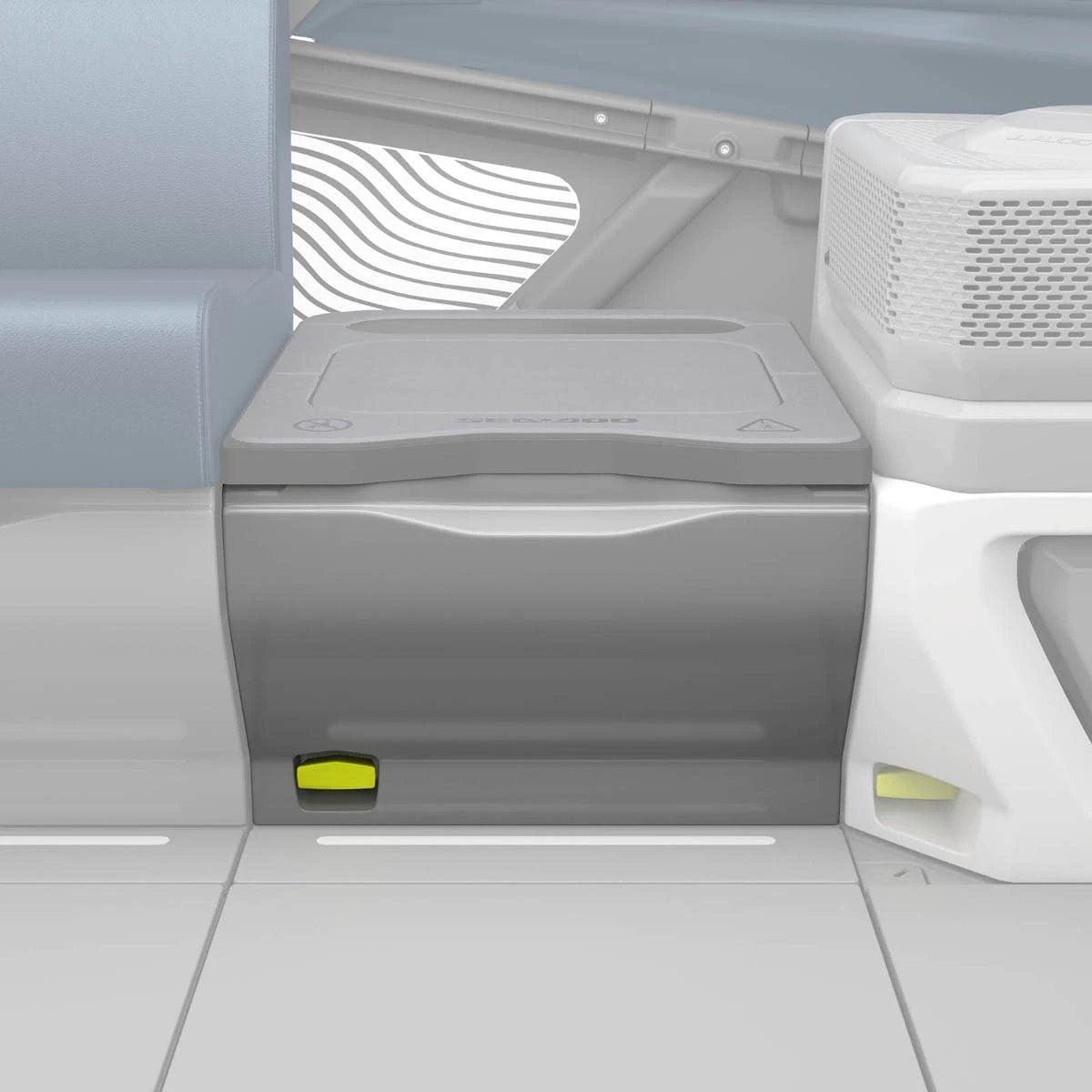 Sea-Doo LinQ Modular Step Base for Switch Pontoon, gray plastic step with yellow latch.