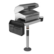 Sea-Doo Switch BBQ Table with LinQ Lite on pedestal stand; stainless grill, gray table, cupholder, and black LinQ bag.