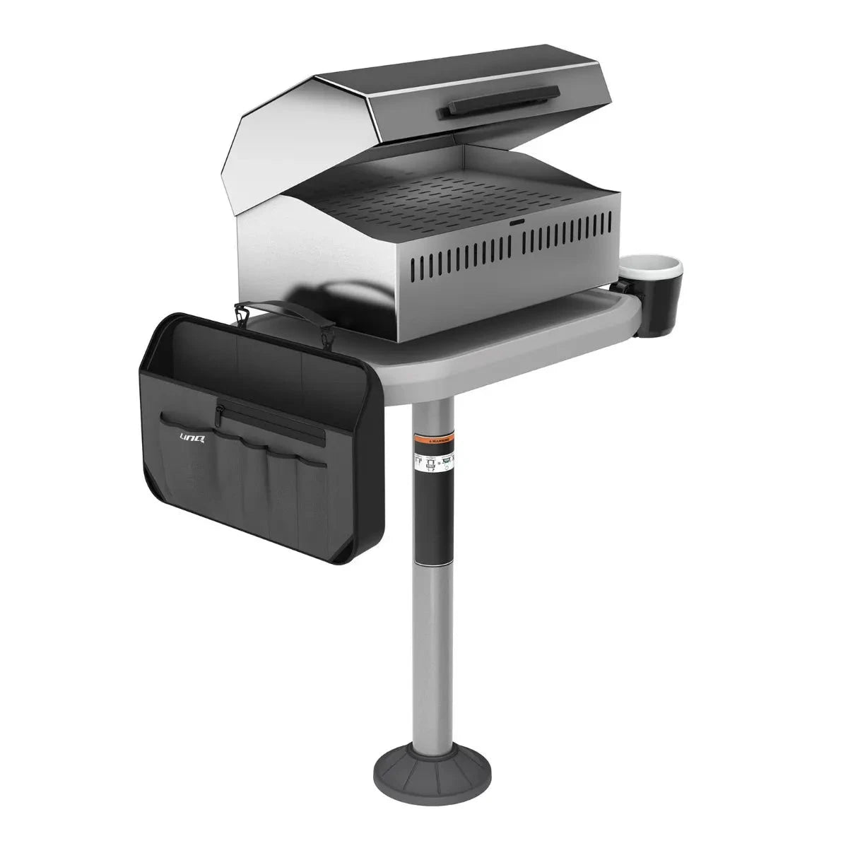 Sea-Doo Switch BBQ Table with LinQ Lite on pedestal stand; stainless grill, gray table, cupholder, and black LinQ bag.