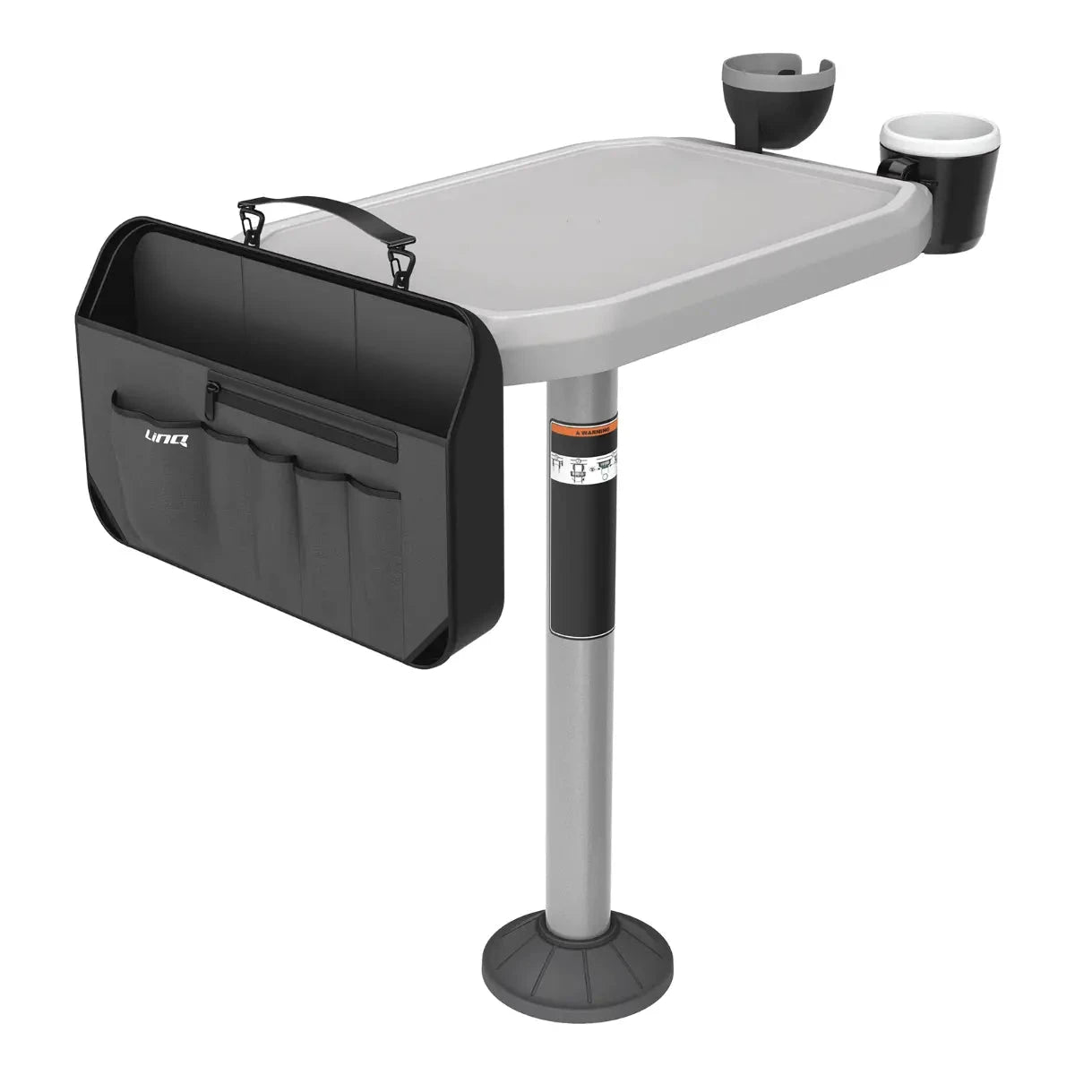 Sea-Doo Switch BBQ Table gray with black LinQ pouch and built-in cup holders on a pedestal post.