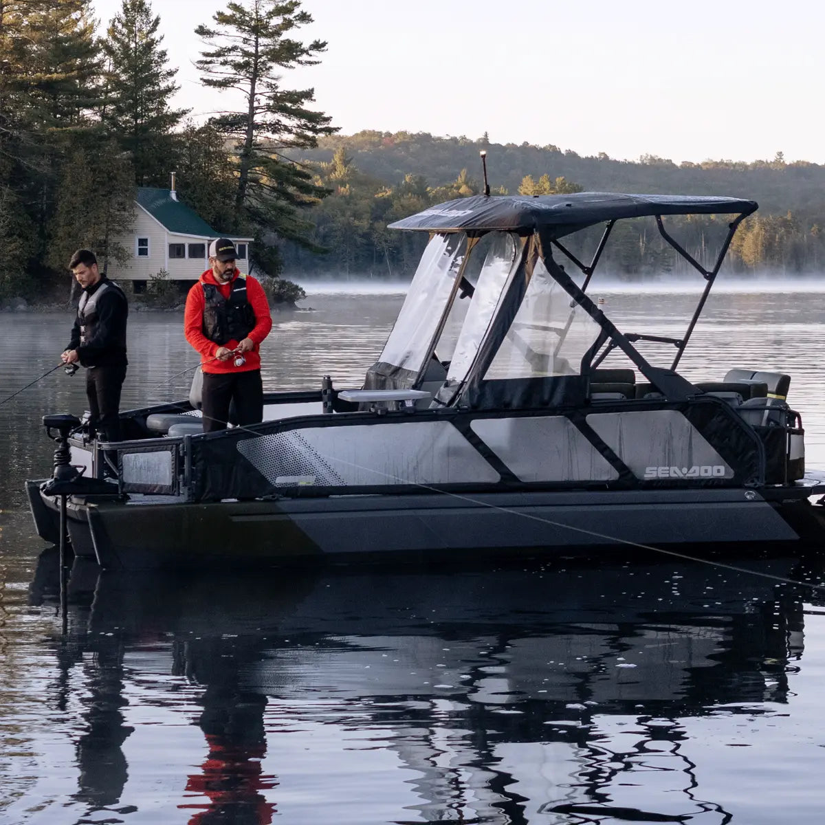 Sea-Doo Switch Front Dodger for 18' watercraft; black frame with clear vinyl windows.