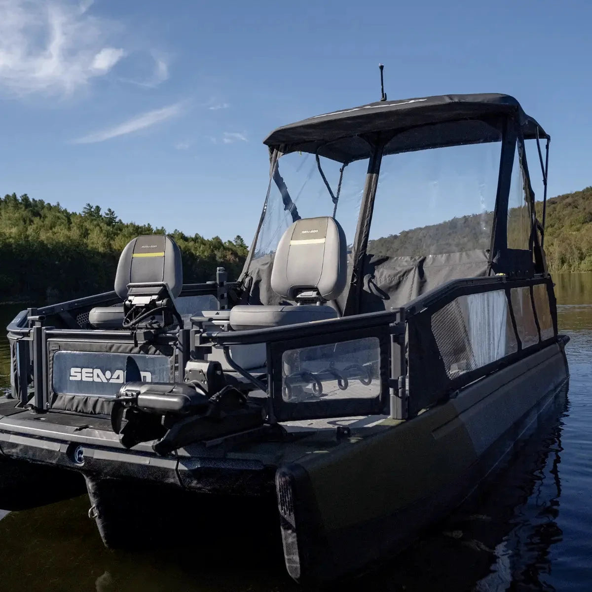 Sea-Doo Switch Front Dodger for 18' watercraft; black fabric with clear vinyl windows.