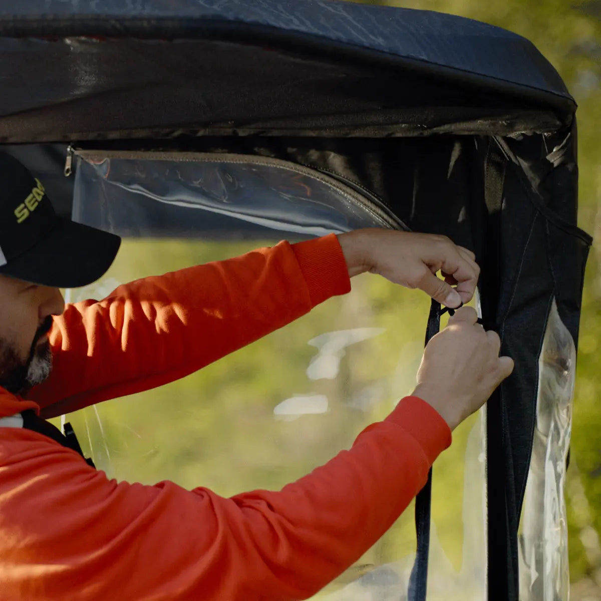 Sea-Doo Switch Front Dodger for 18' watercraft; black fabric with a clear vinyl window.