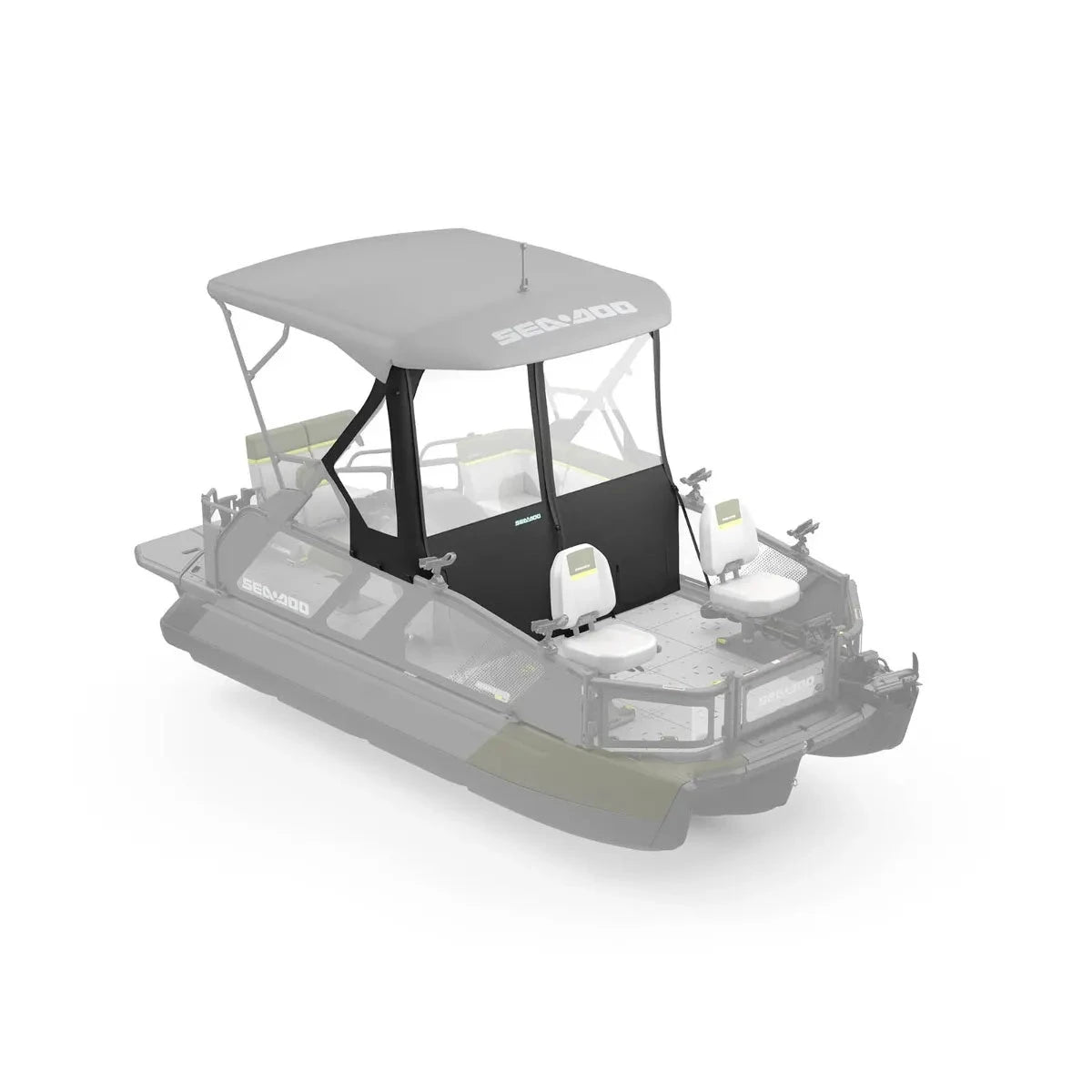 Sea-Doo Switch Front Dodger for 18' watercraft; gray canopy with black frame and Sea-Doo logo.