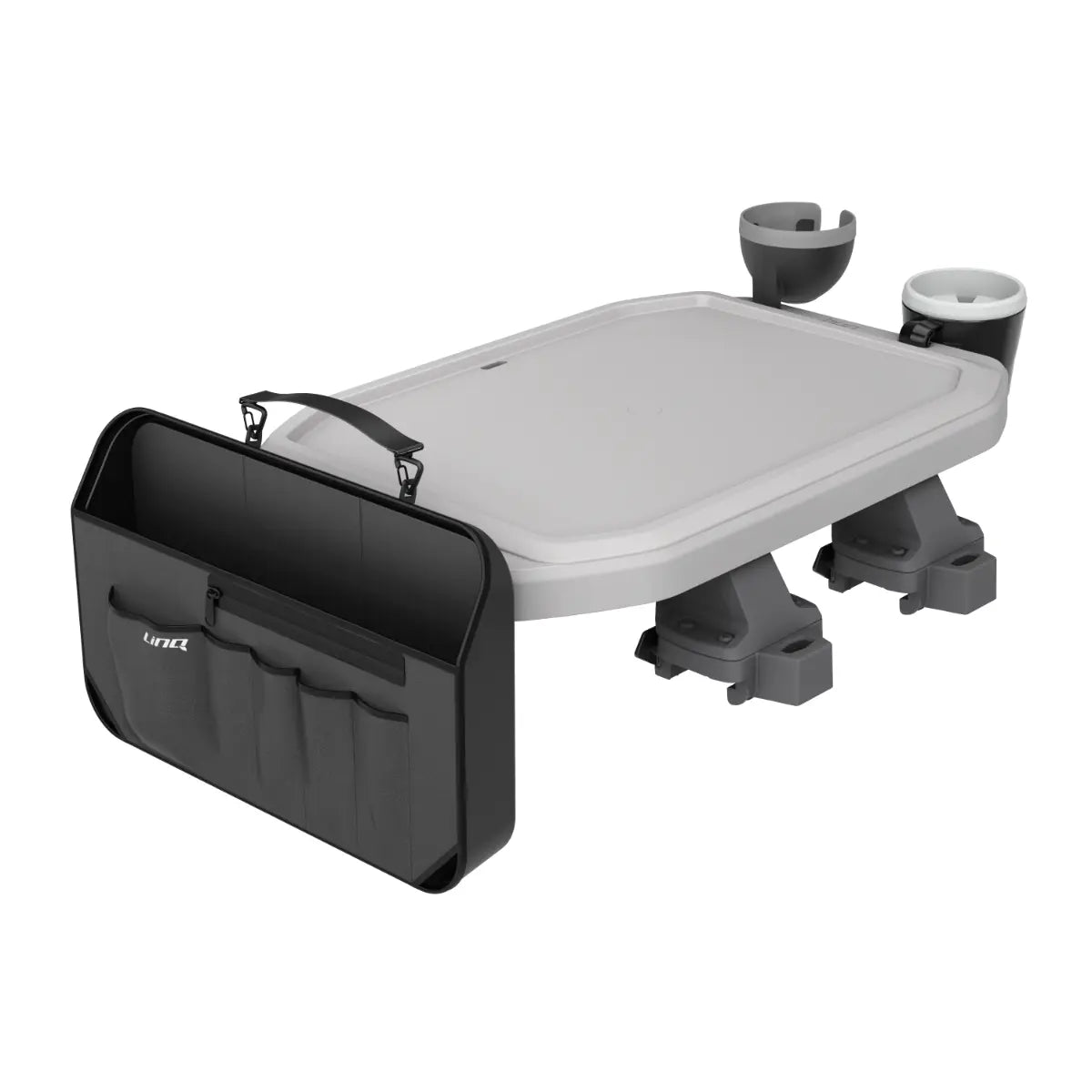 Sea-Doo Switch Rail Service Table with LinQ storage bag, gray top, and dual cup holders