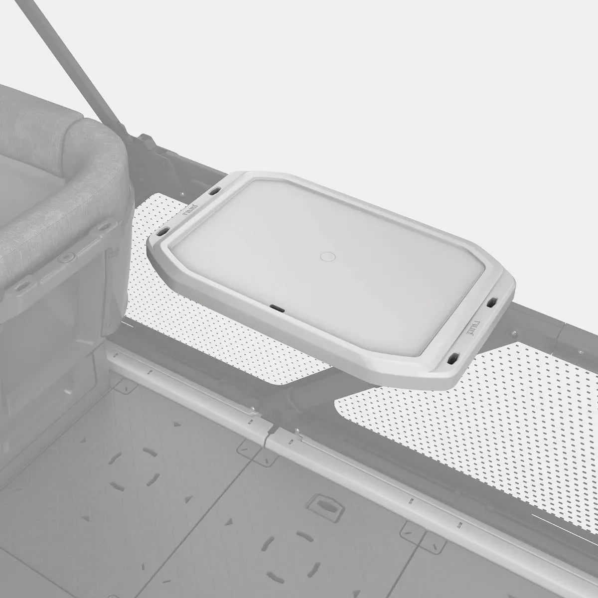 Sea-Doo Switch Rail Service Table, light gray plastic accessory mounted on watercraft rail.
