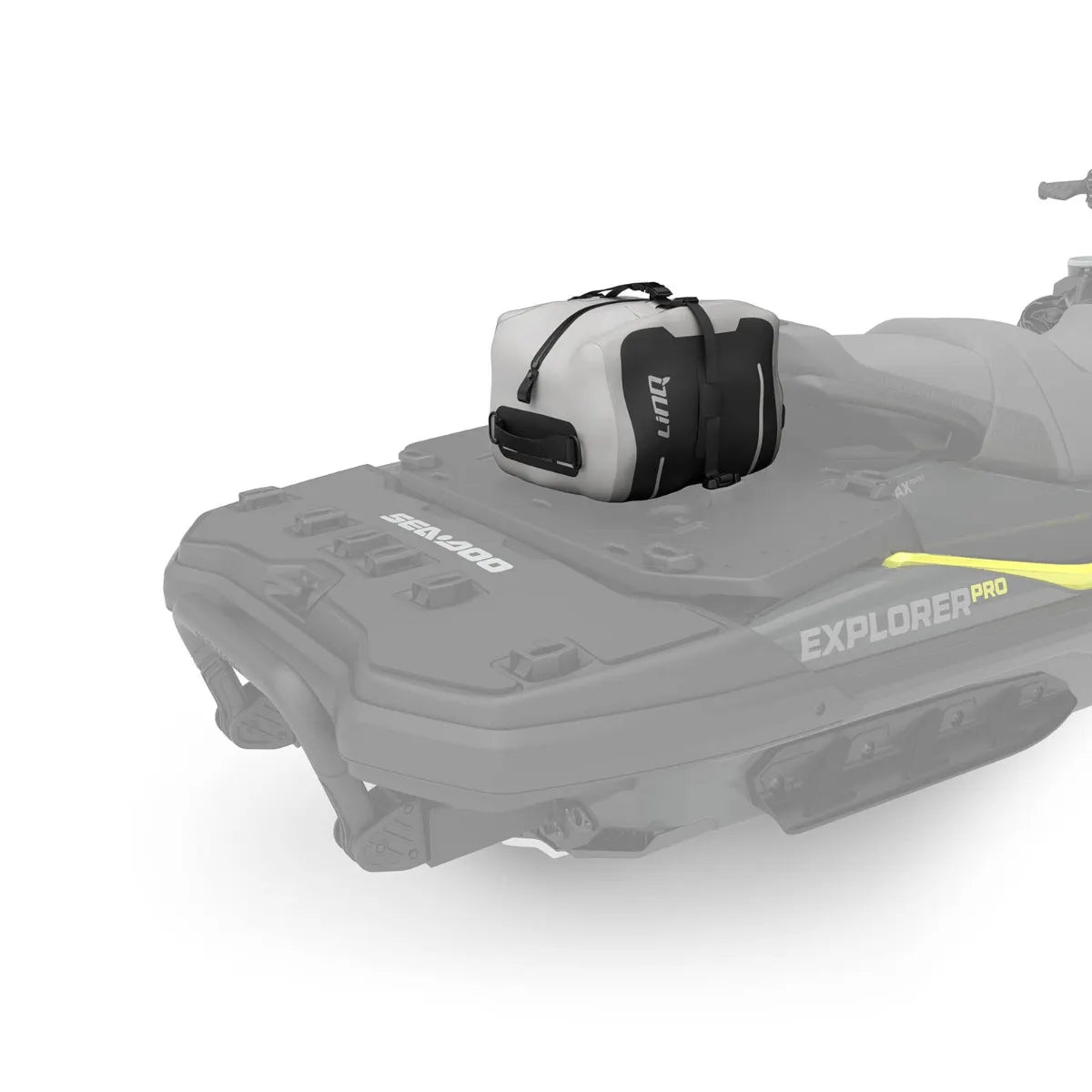 LinQ 7.9 US gal dry bag, gray with black panels, mounted on Sea-Doo watercraft