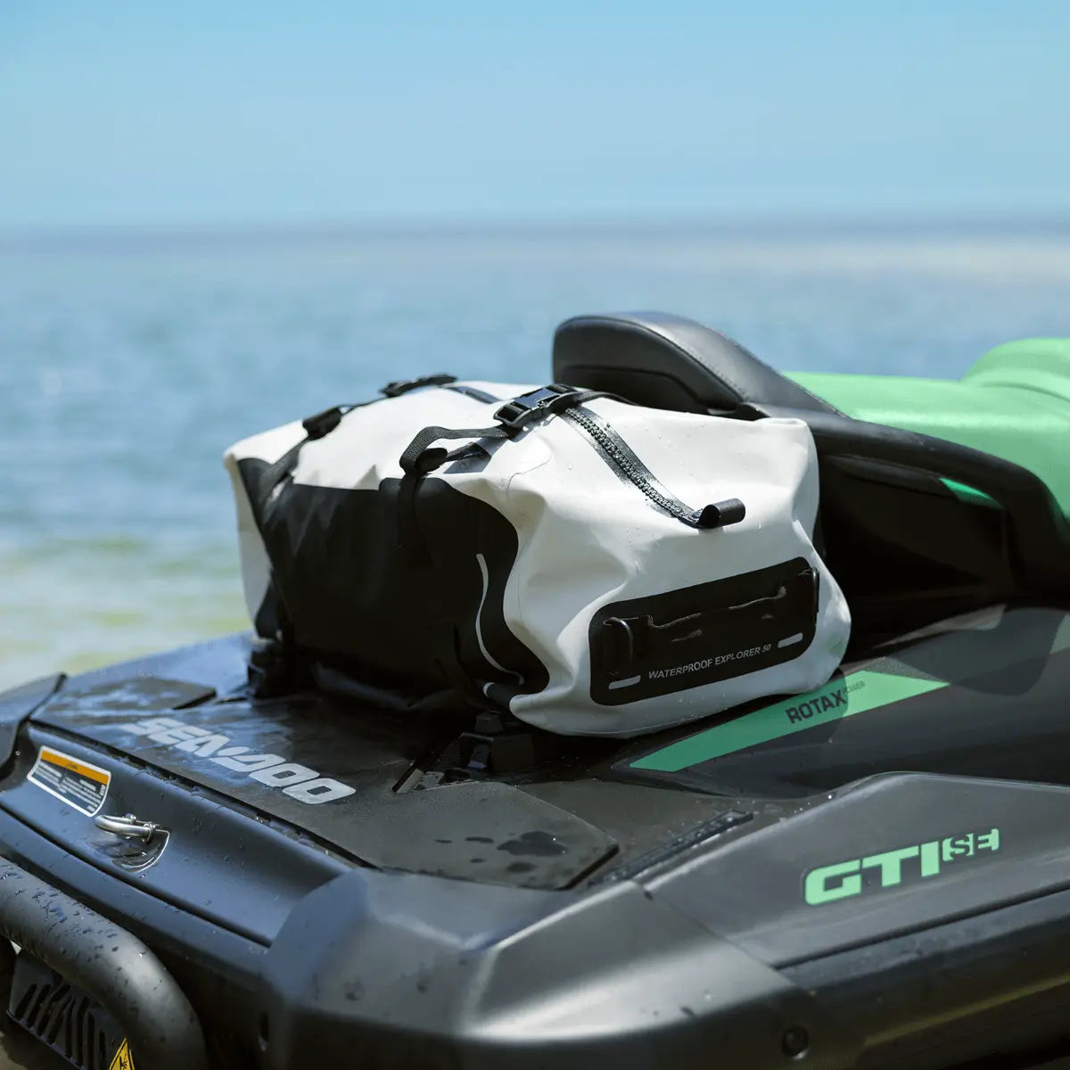 LinQ 50L dry bag white and black mounted on Sea-Doo watercraft