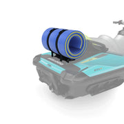 LinQ Rear Floating Mat Holder with blue foam mat strapped to Sea-Doo Outlet PWC rear deck