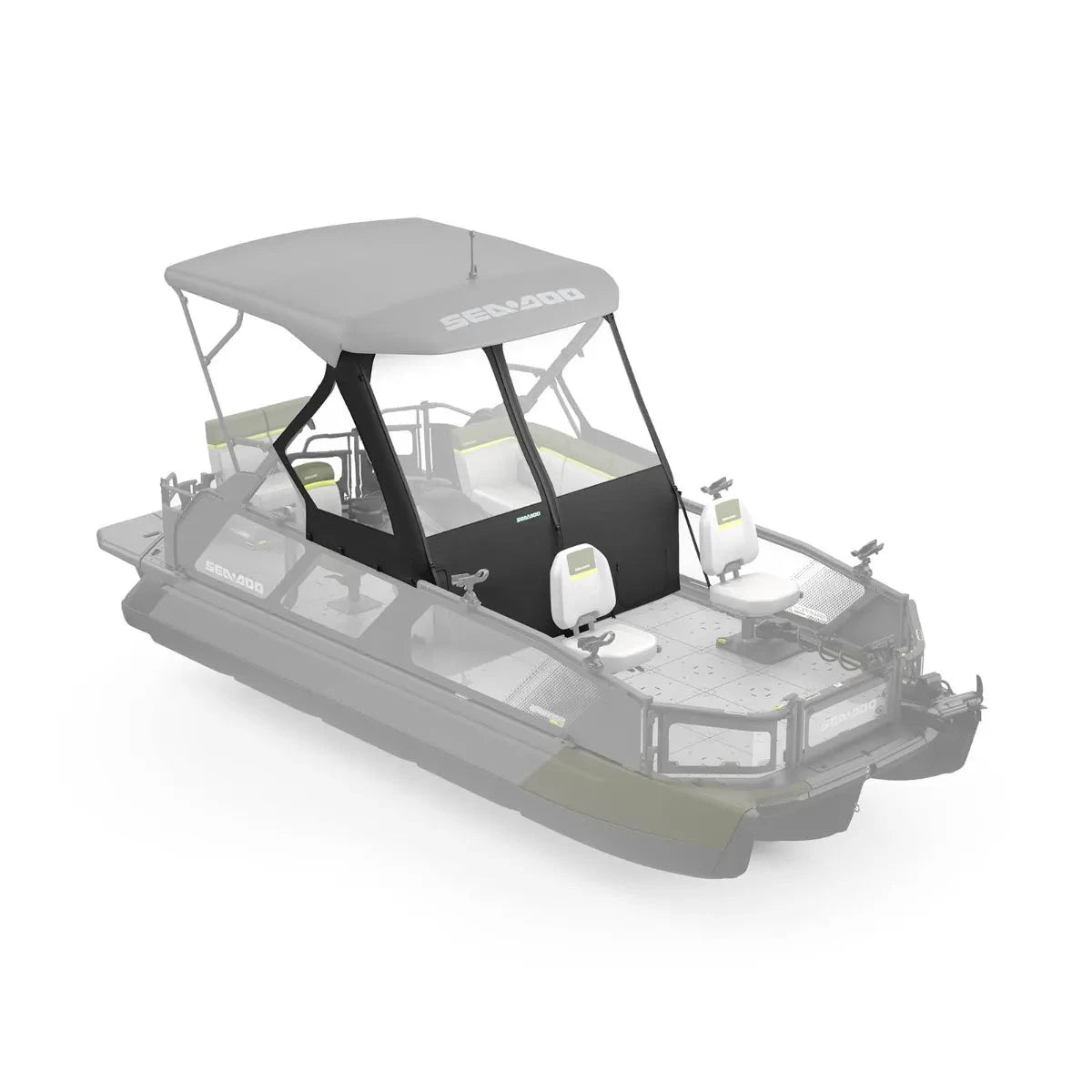 Sea-Doo Switch Front Dodger for 21' watercraft; gray canopy with clear vinyl windows