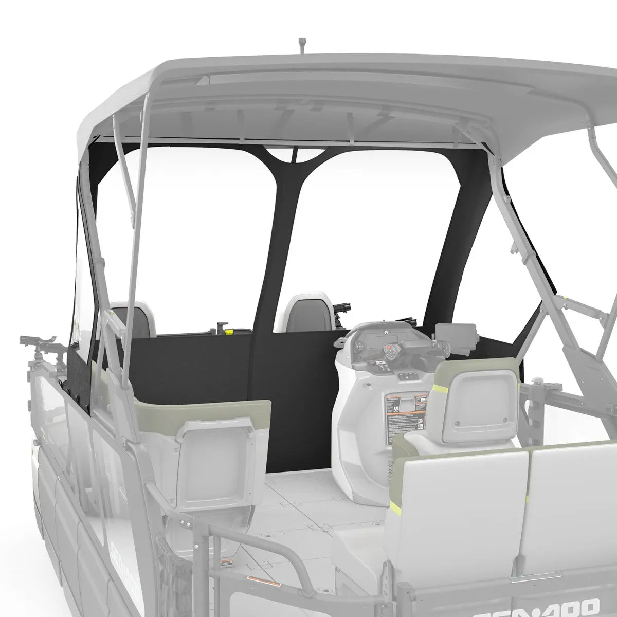 Sea-Doo Switch Front Dodger for 18', white frame with dark fabric panels over cockpit