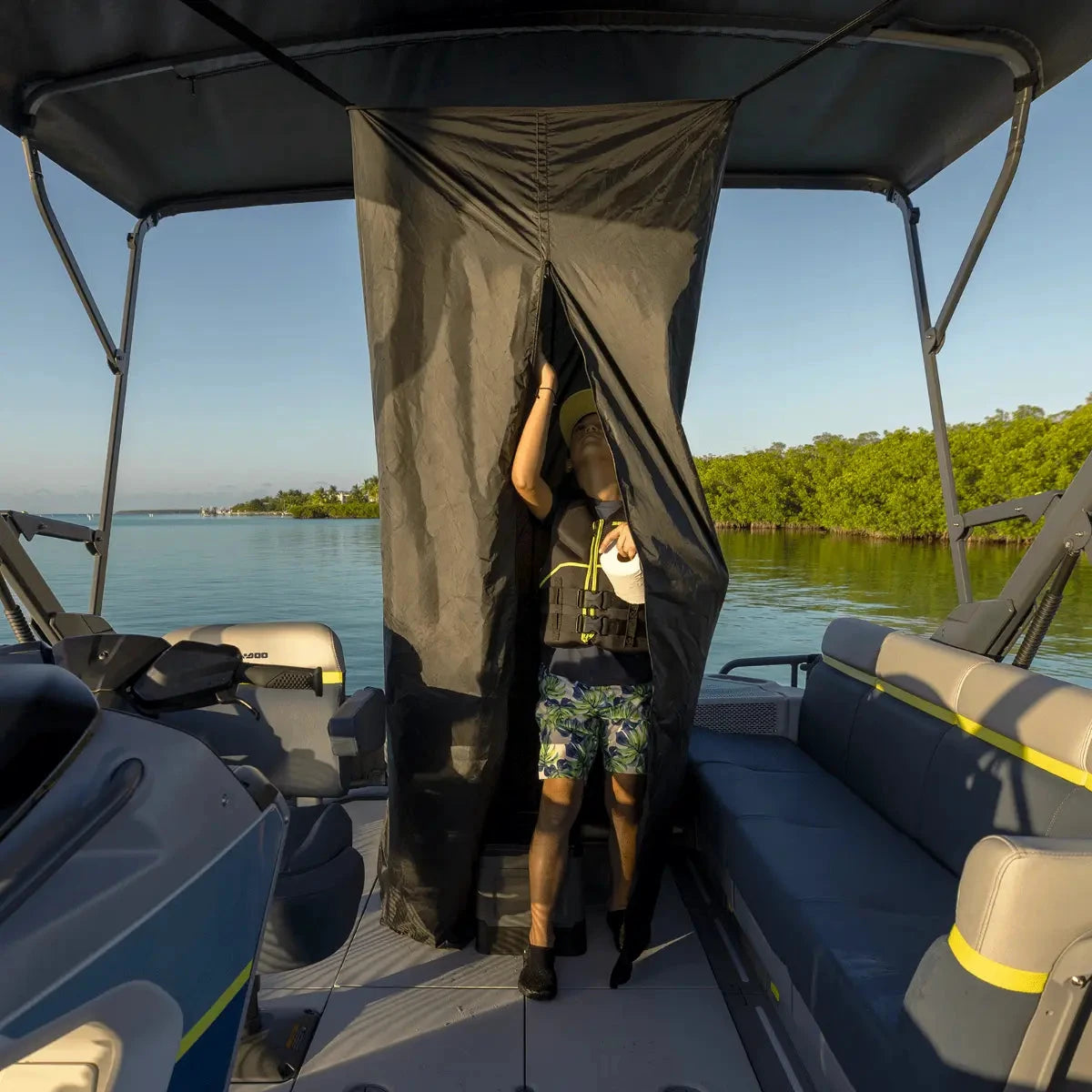 Sea-Doo Switch Pop-Up Changing Room and Emergency Toilet, black privacy tent on a Sea-Doo watercraft