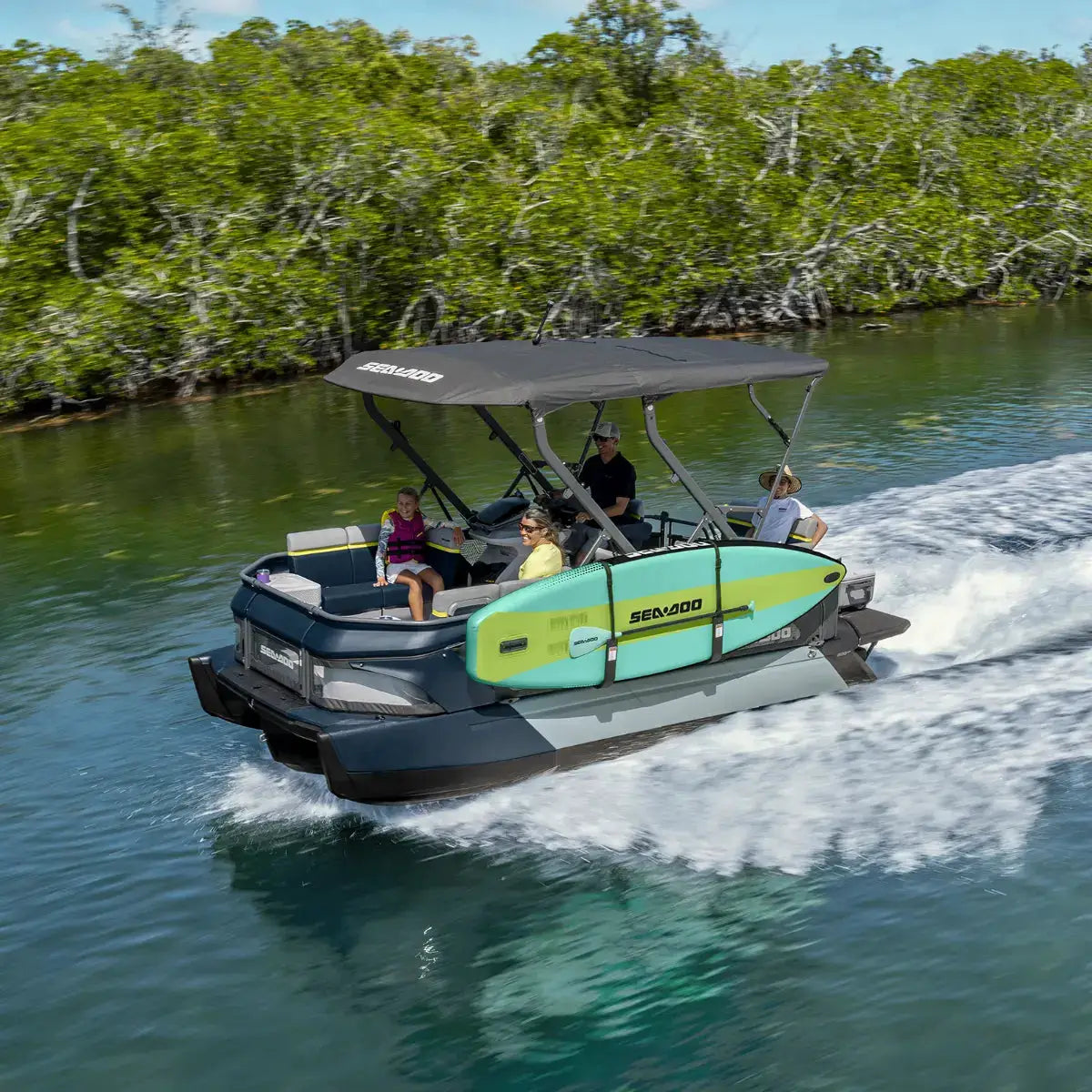 Sea-Doo Switch Pontoon Stand Up Paddle Board Holder by BRP Sea-Doo; side-mounted storage for a teal-green board.