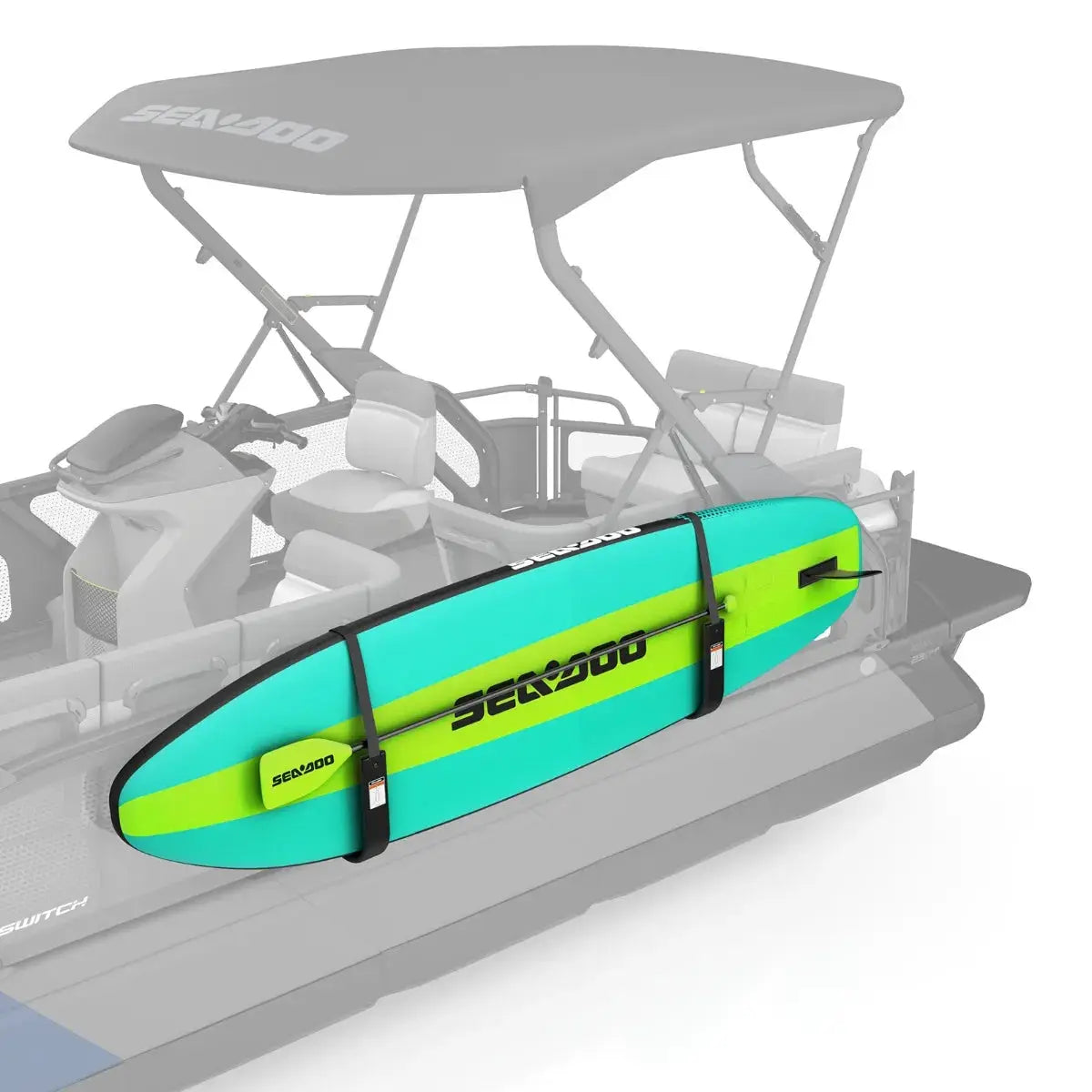 Sea-Doo Switch Pontoon Stand Up Paddle Board Holder; turquoise lime-green SUP secured with black straps.