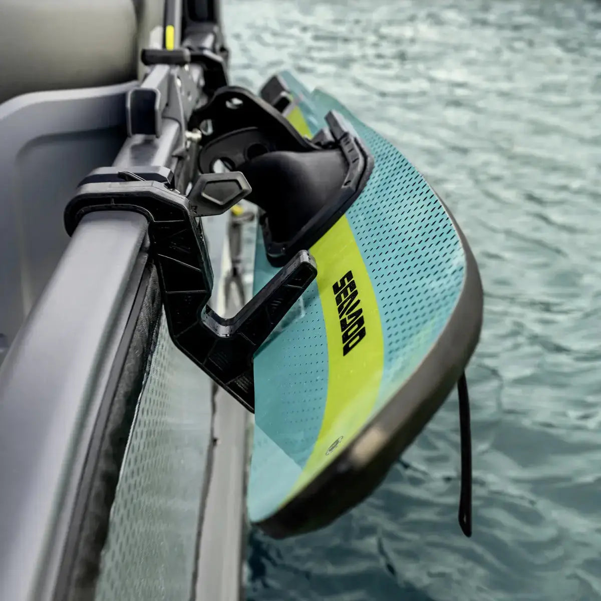 Sea-Doo Switch Pontoon LinQ Waterski Holder with black mounting hardware and a blue neon-yellow waterski