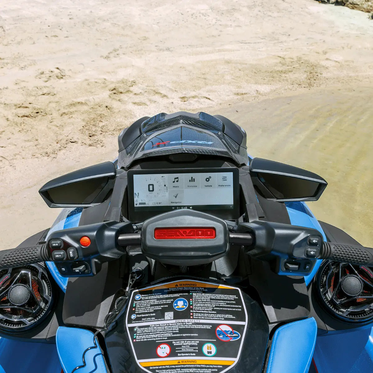 Sea-Doo 80W Platinum Audio System Kit cockpit on blue watercraft with touchscreen display