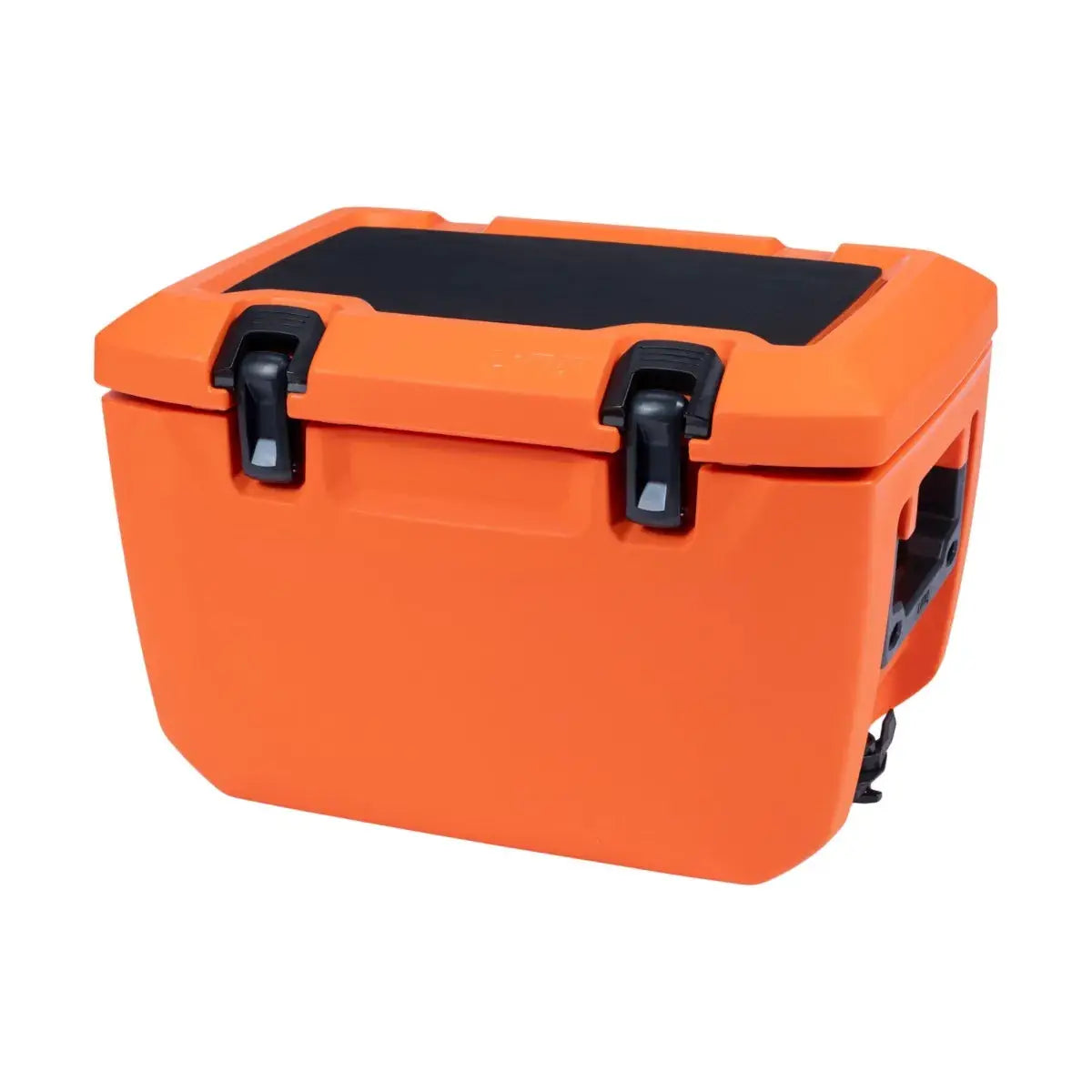 Sea-Doo LinQ storage box in race orange with black latches and a padded top