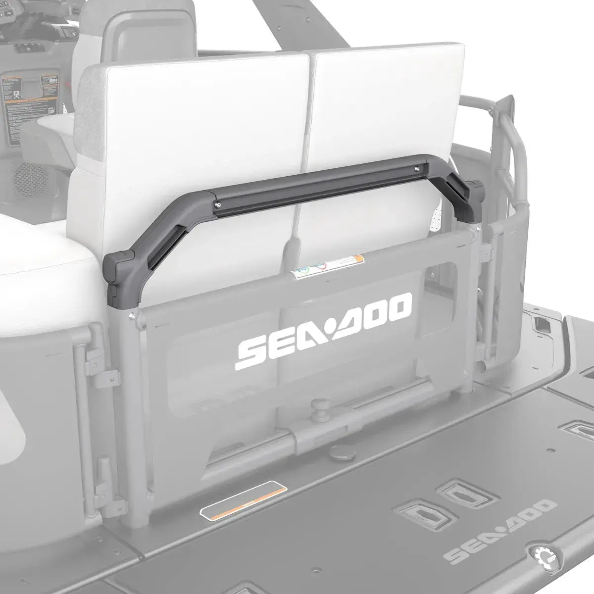 Sea-Doo Switch rear utility rail for pontoon in dark gray with BRP Sea-Doo branding.