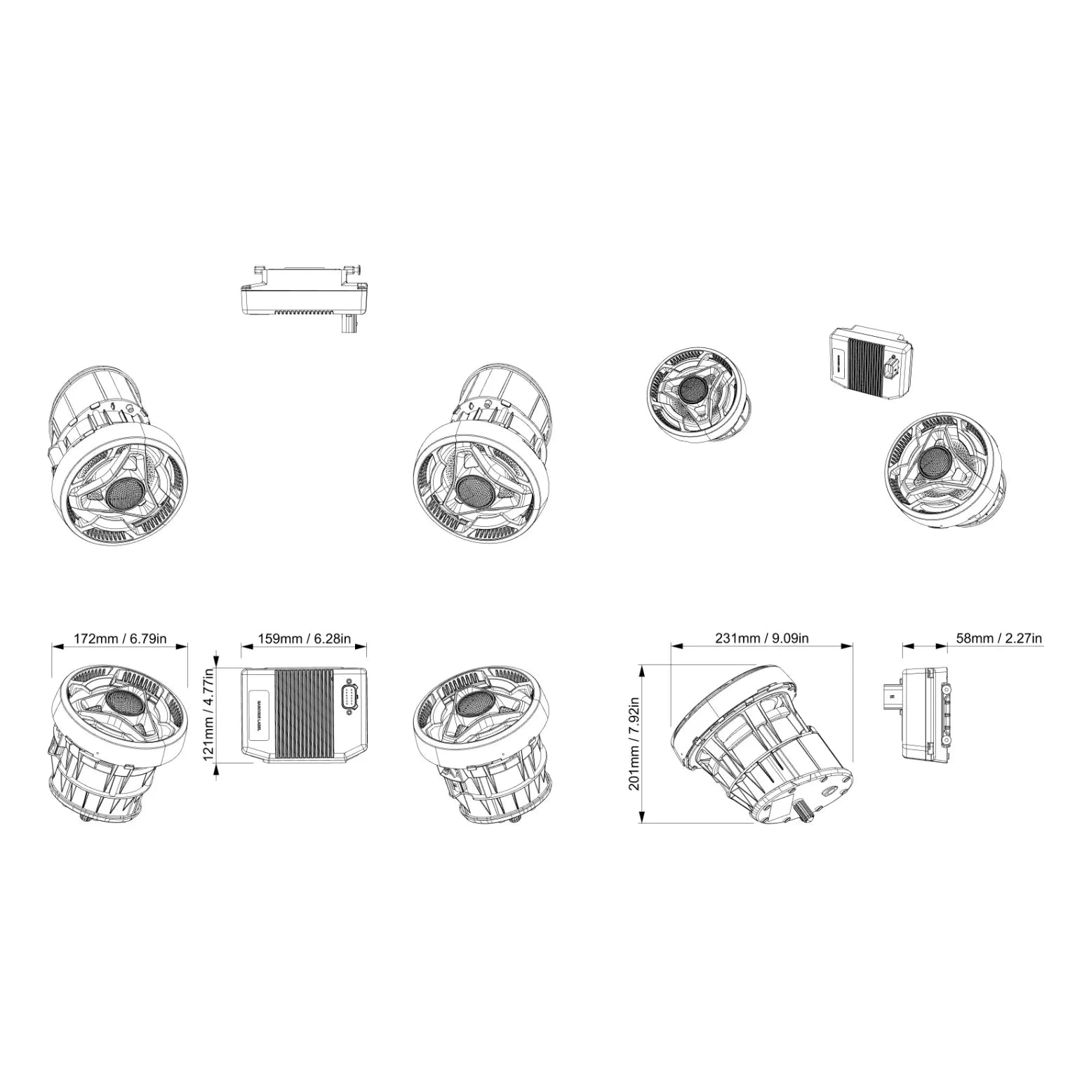 Sea-Doo 80W Platinum Audio System Upgrade components for BRP watercraft: 4 speakers, amplifier, mounting hardware.