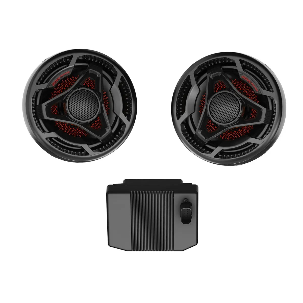Sea-Doo 80W Platinum Audio System Upgrade: two black round speakers with red accents and a control unit