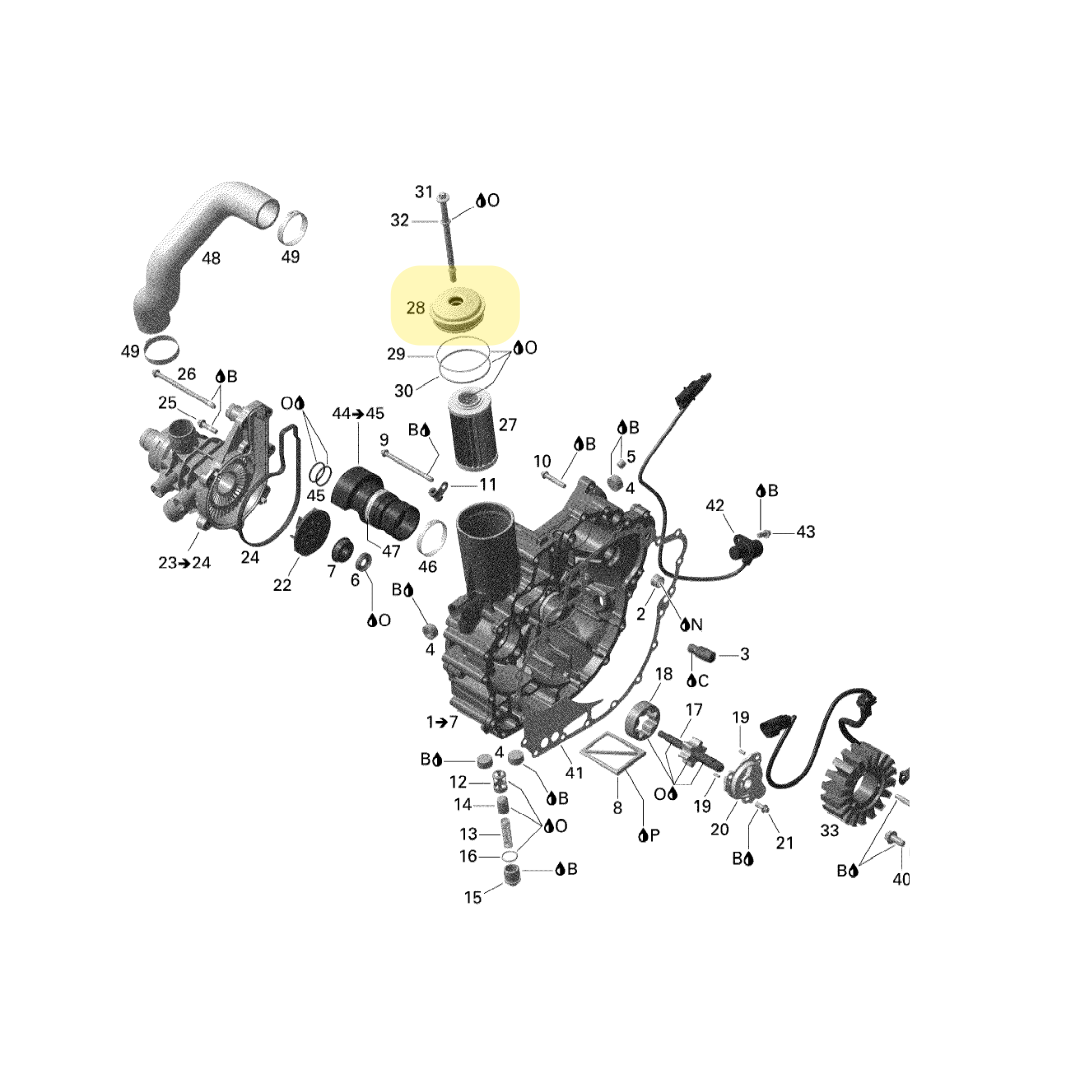 BRP Sea-Doo Rotax OEM oil filter cover shown in exploded watercraft engine parts diagram