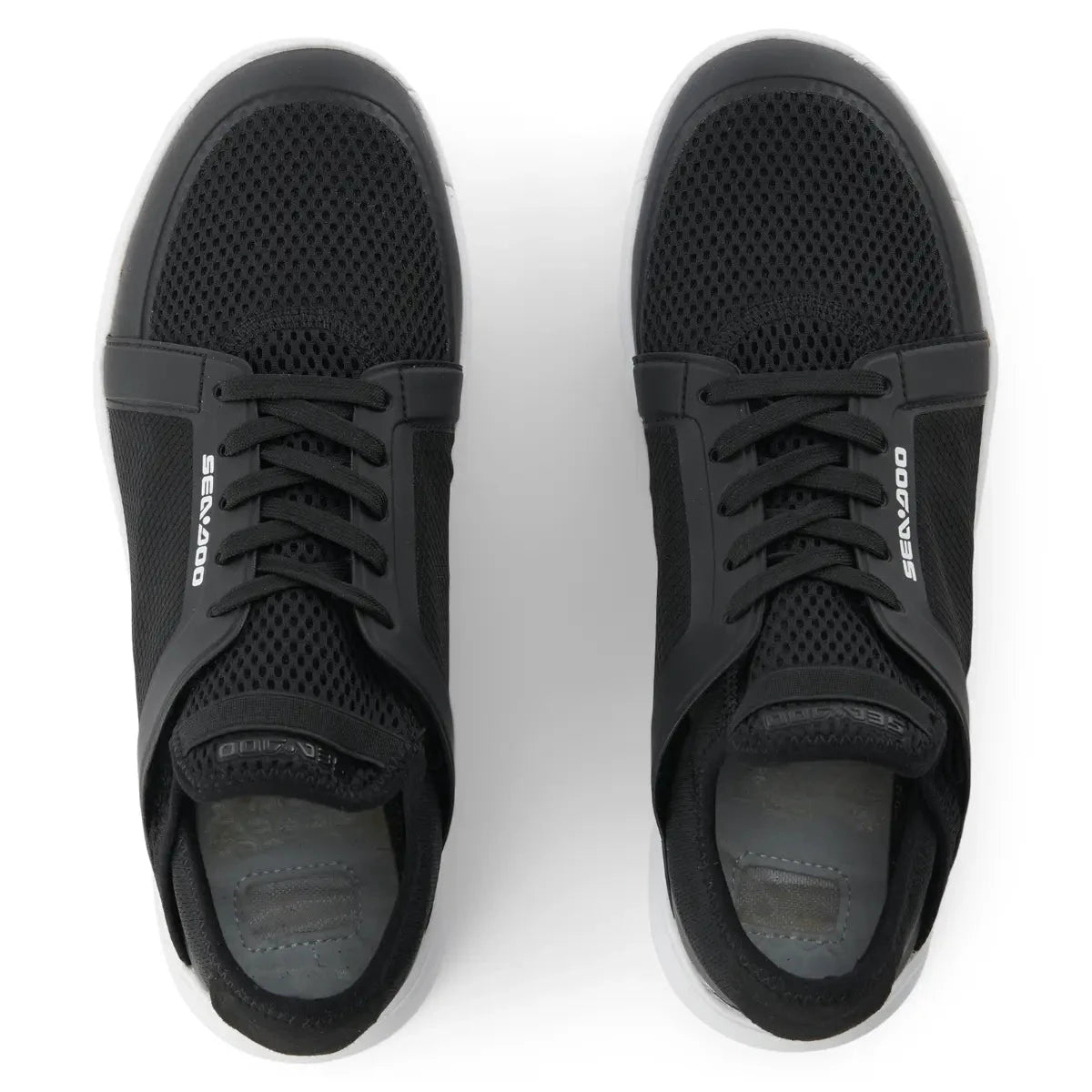 Sea-Doo non-slip water shoes, black mesh uppers with SEA-DOO branding, pair