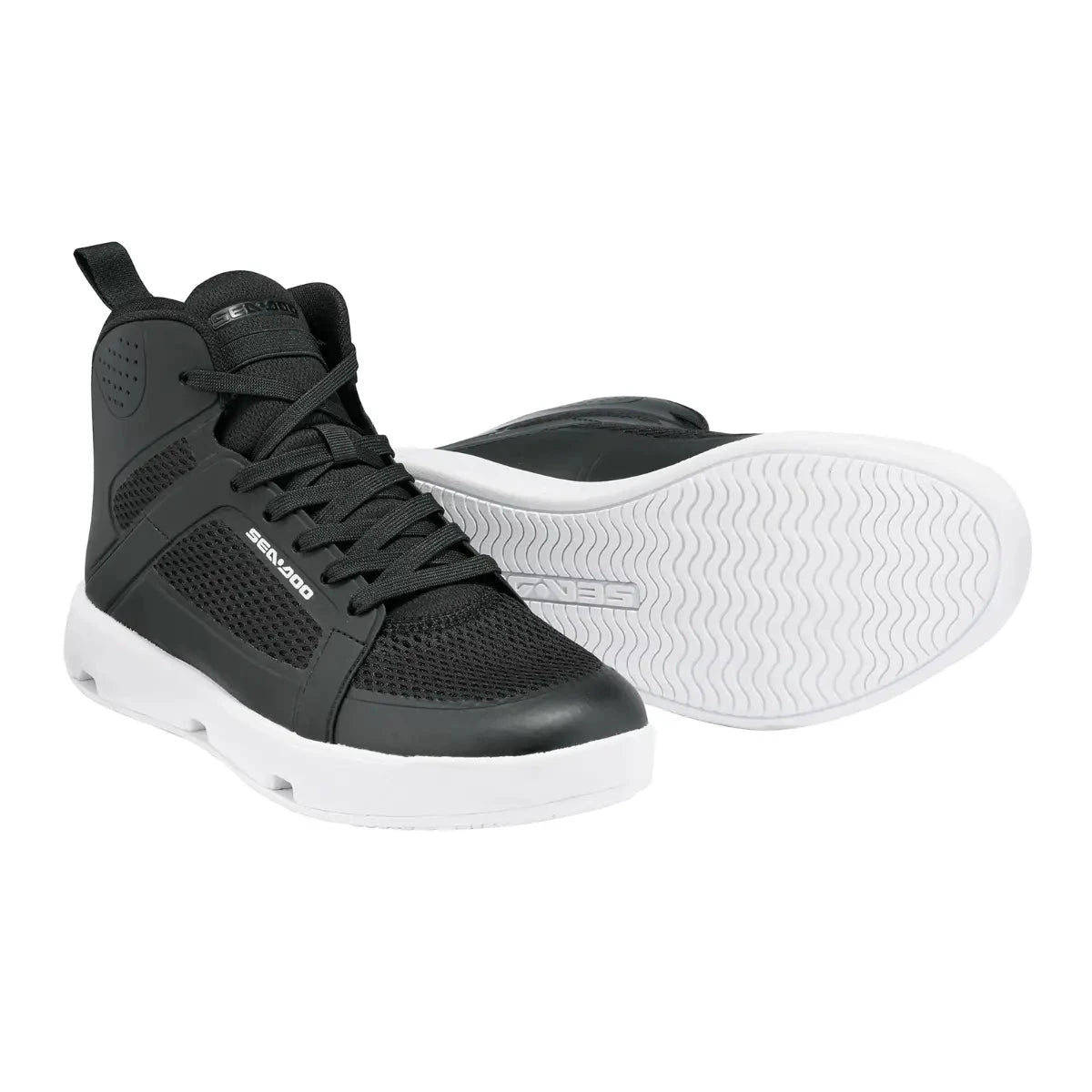 Sea-Doo Non-slip Riding Boots, black mesh upper with white sole.