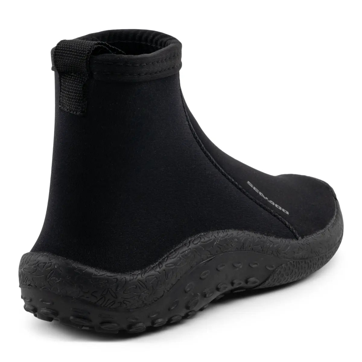 Sea-Doo neoprene riding shoe, black ankle boot with textured sole and back pull tab