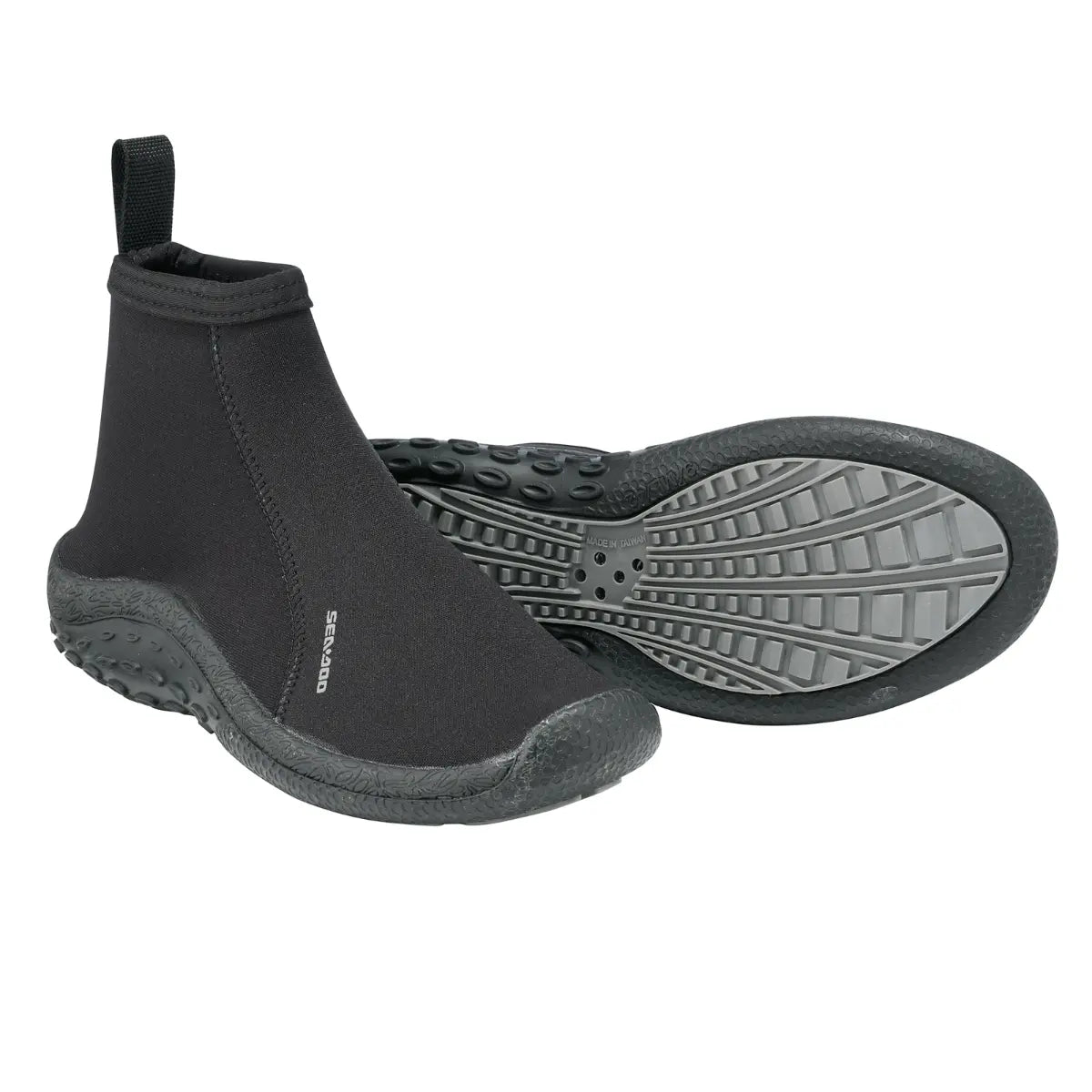 Sea-Doo neoprene riding shoes pair in black with textured rubber soles and back pull tab.