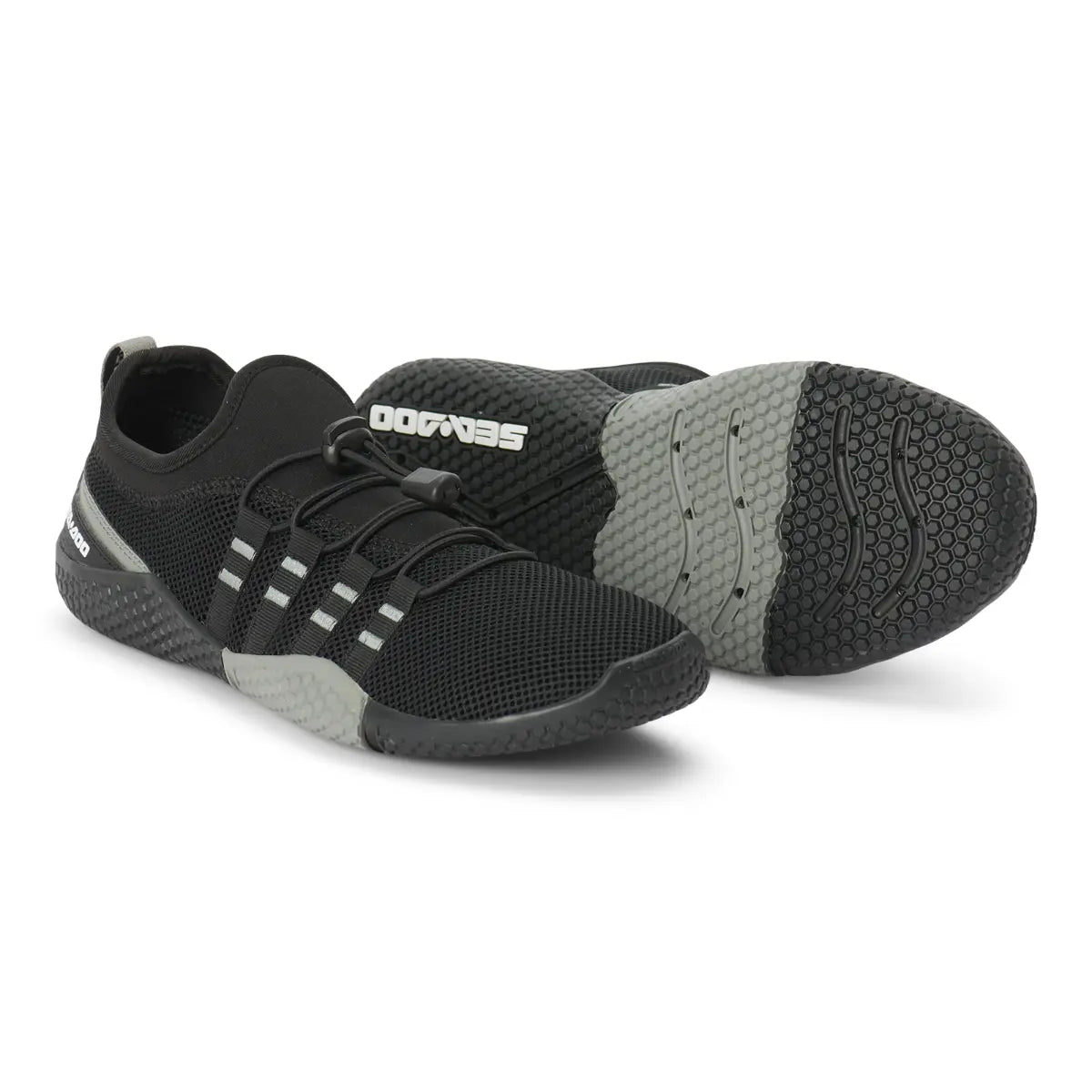 Sea-Doo Aqua Shoes 444268, black mesh riding shoes with gray outsole by BRP.