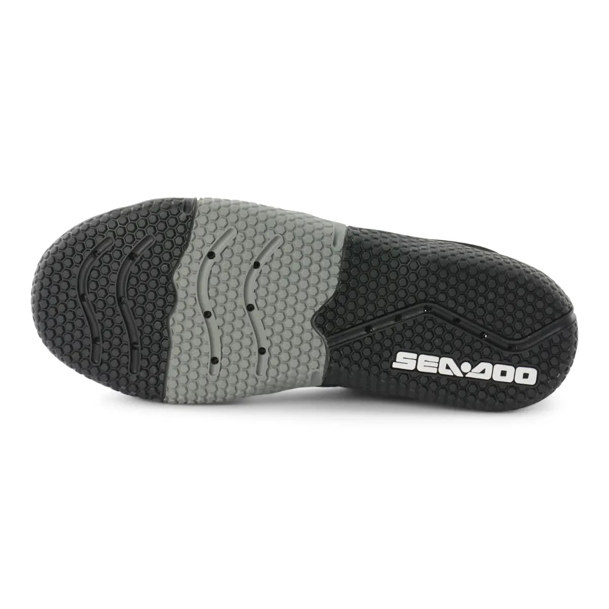 Sea-Doo Aqua Shoes sole; black and gray rubber with hexagonal tread and SEA-DOO logo.