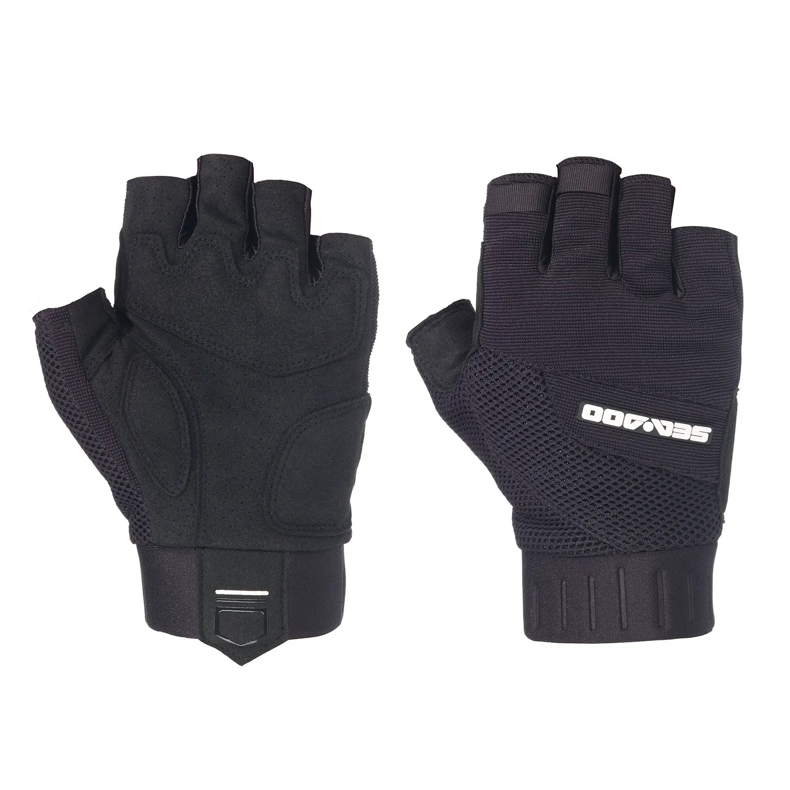 Sea-Doo Choppy Shorty gloves pair in black; boating riding gloves with fingerless design and mesh back