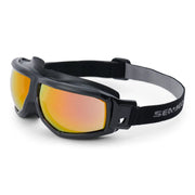 Sea-Doo Floating Riding Goggles with orange mirrored lenses, black frame and adjustable strap