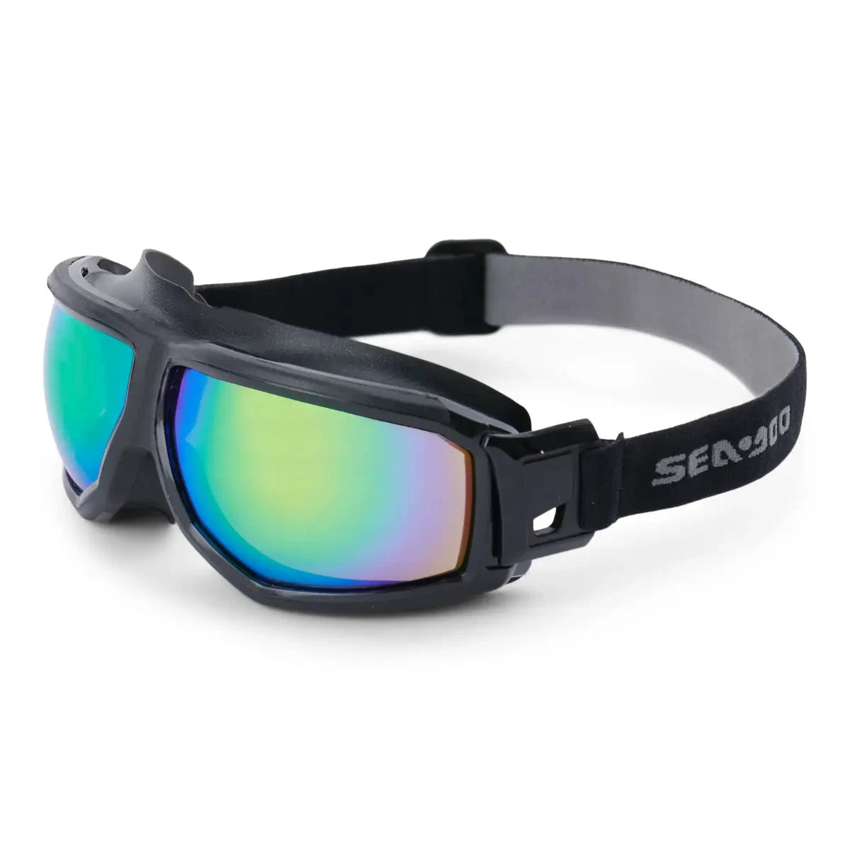 Sea-Doo Floating Riding Goggles with mirrored rainbow lenses and black strap
