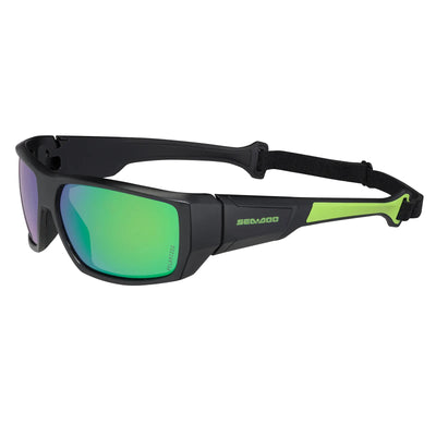 Sea-Doo Wave Floating sunglasses in black frame with green mirrored lenses and neon-green accents.