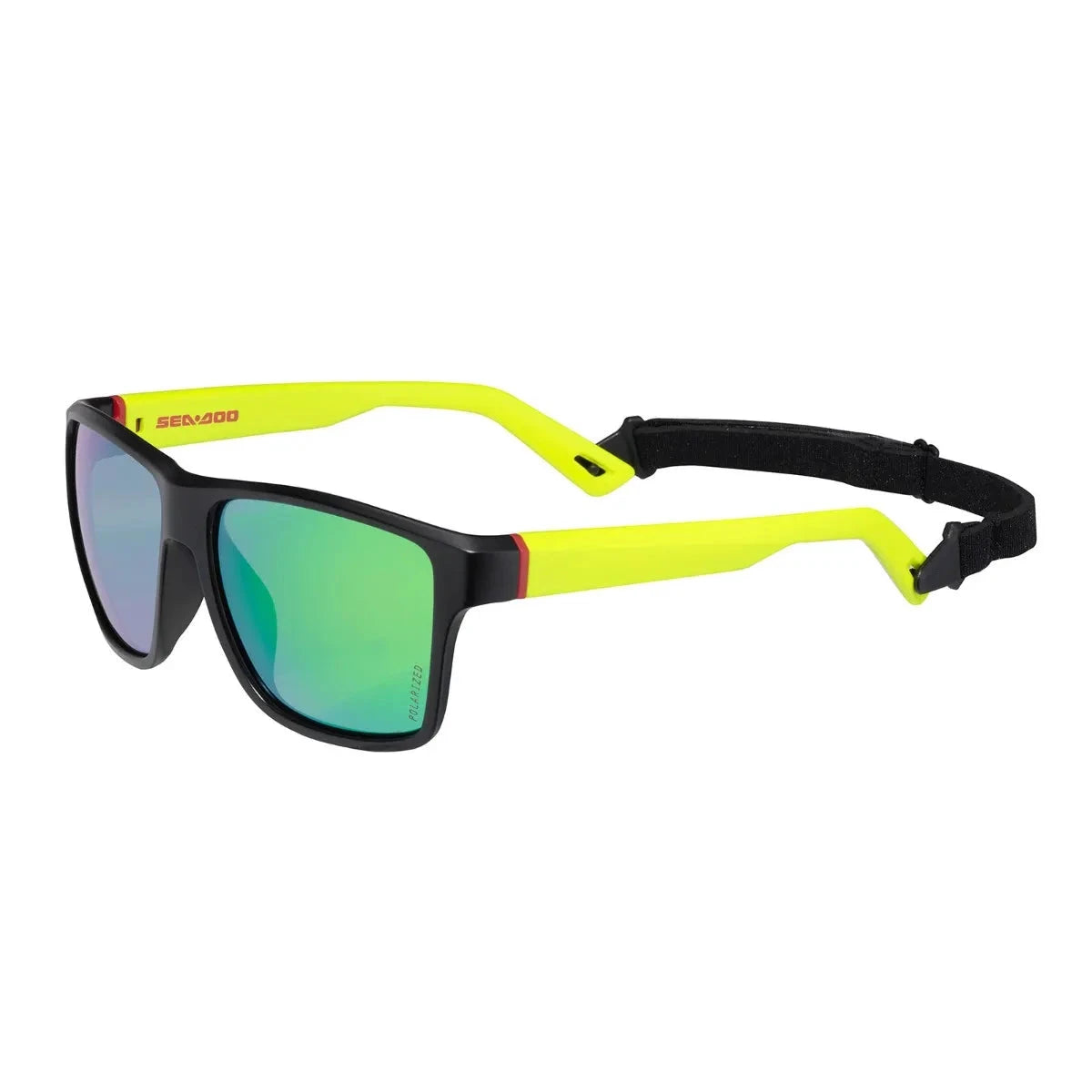 Sea-Doo Floating Sand sunglasses, black frame with neon yellow arms and green mirrored lenses