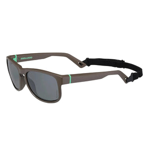 Floating Polarized Lagoon sunglasses, brown frame with green accents and adjustable strap, Sea-Doo branding