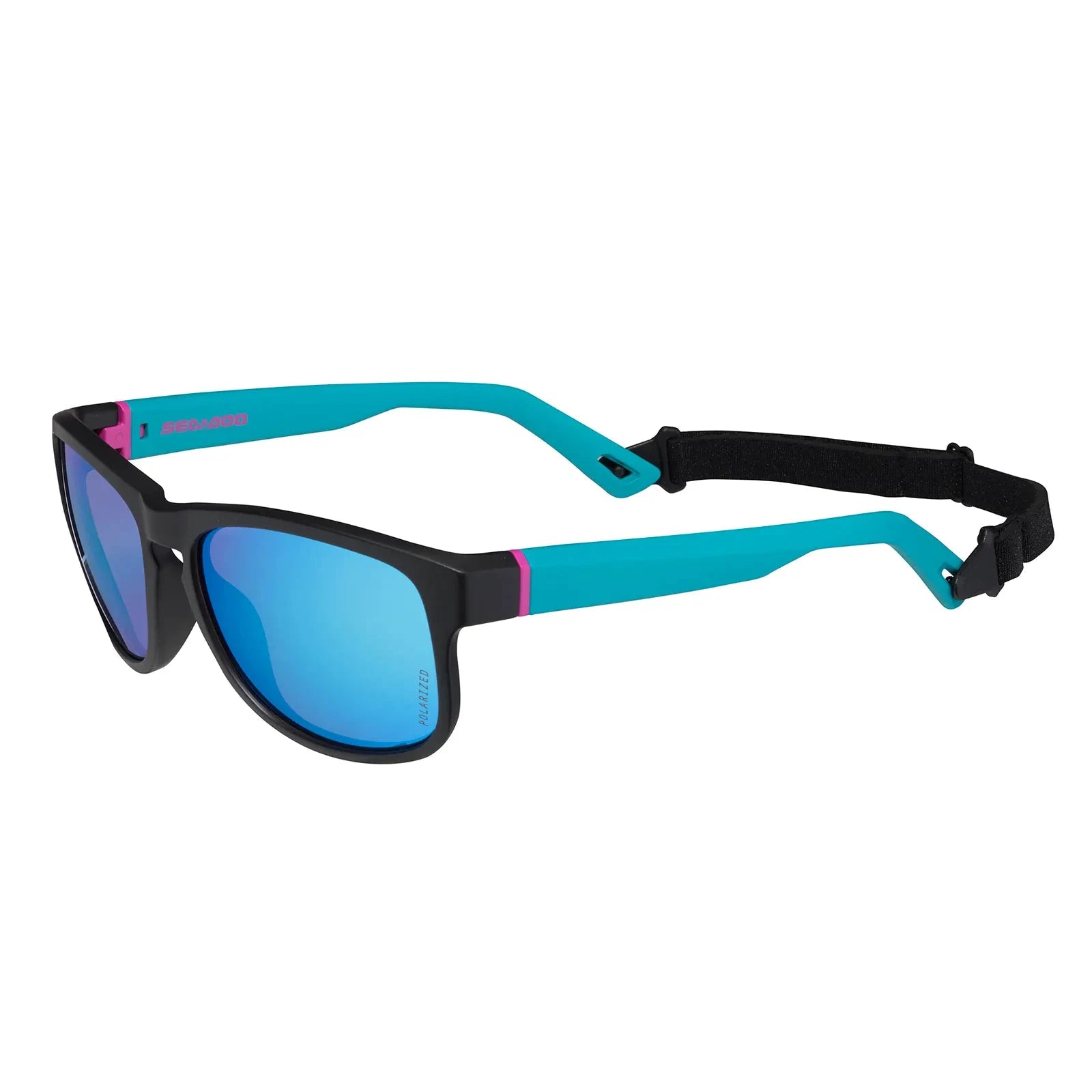 Floating Polarized Lagoon Sunglasses by Sea-Doo, blue frame with mirrored blue lenses and strap