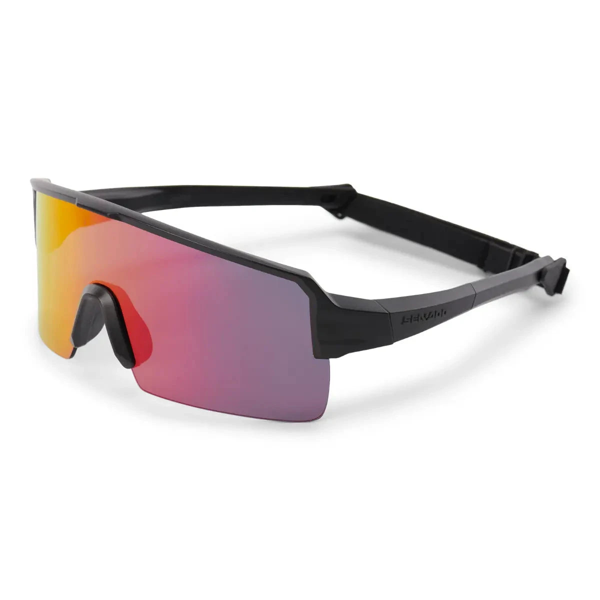 Sea-Doo Low Tide polarized floating sunglasses; black frame with orange-to-purple mirrored lenses.