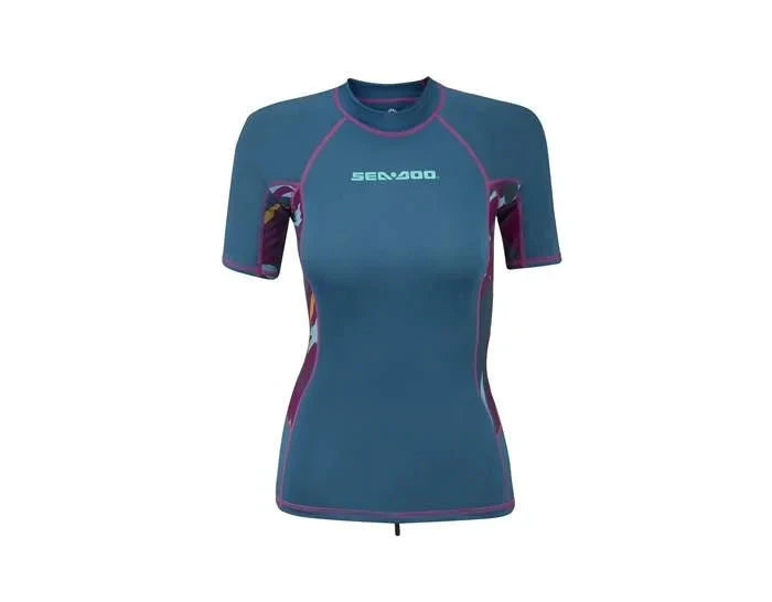 Sea-Doo women's exotic short-sleeve rashguard, teal with purple trim, Sea-Doo logo on chest.