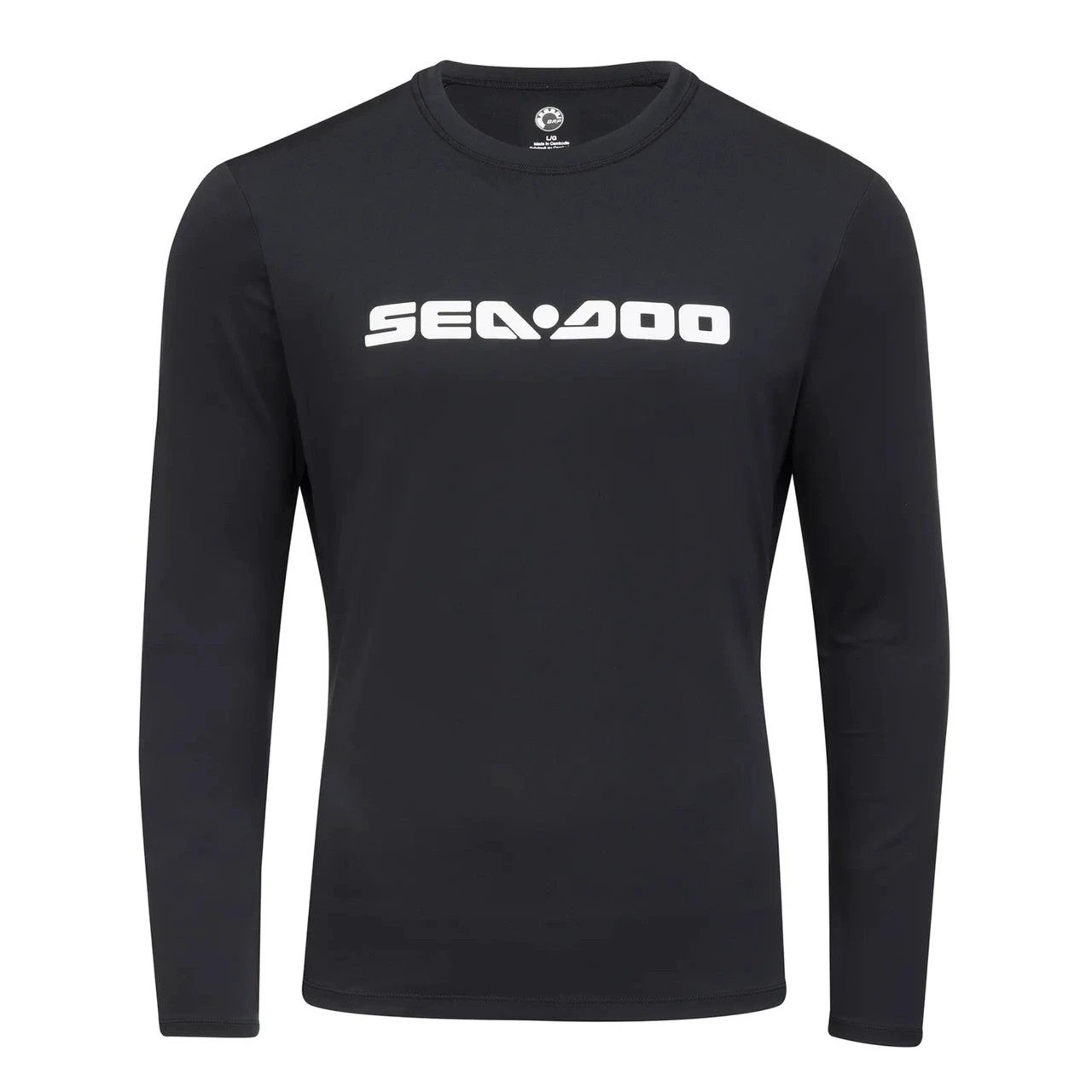 Men's Rash Guard by Sea-Doo, black long-sleeve with white Sea-Doo logo.