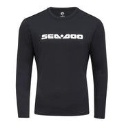 Men's Rash Guard by Sea-Doo, black long-sleeve with white Sea-Doo logo.