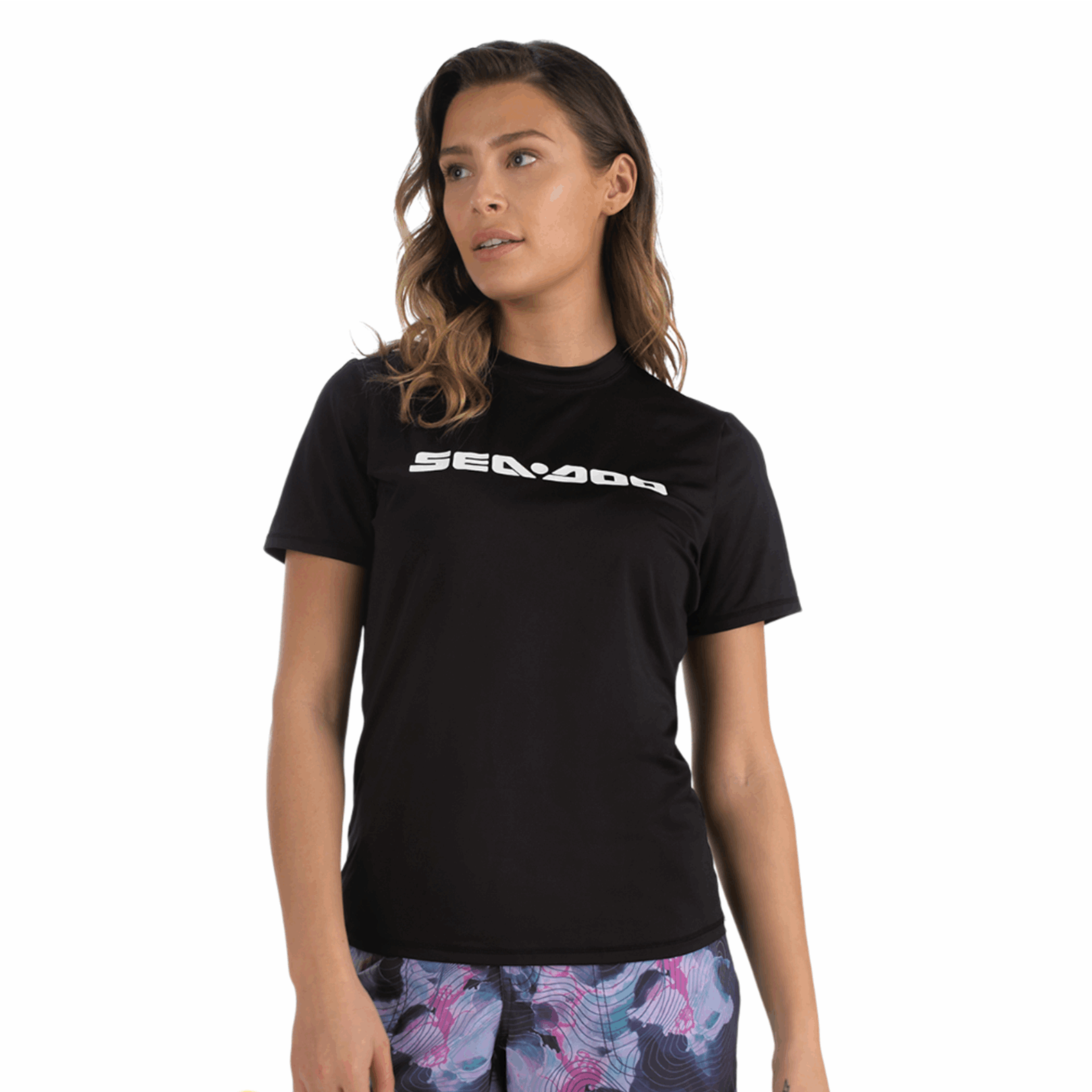 Sea-Doo women's black short-sleeve rashguard with Sea-Doo logo, riding gear