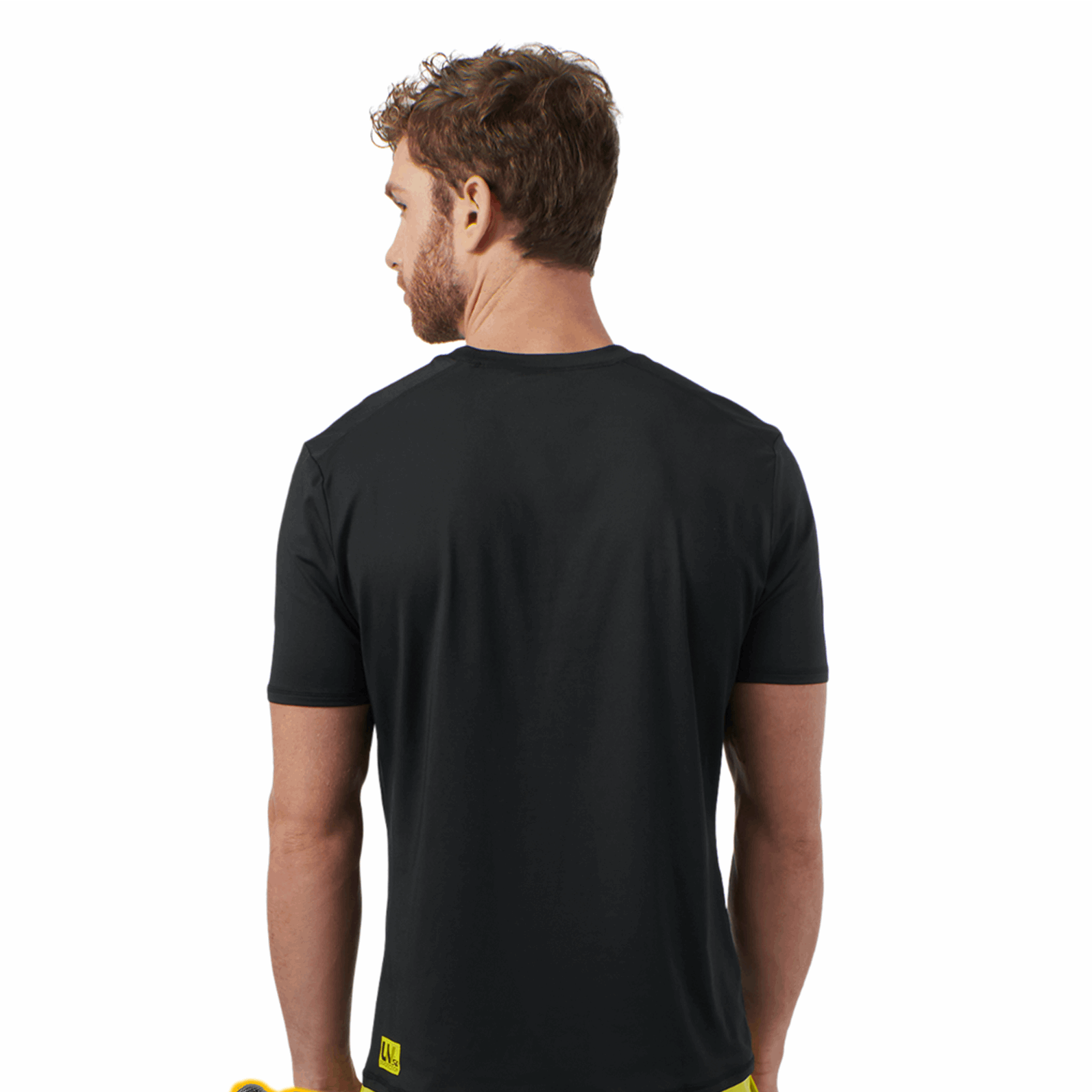 Sea-Doo men's short sleeve rashguard, black riding gear with small yellow logo tag