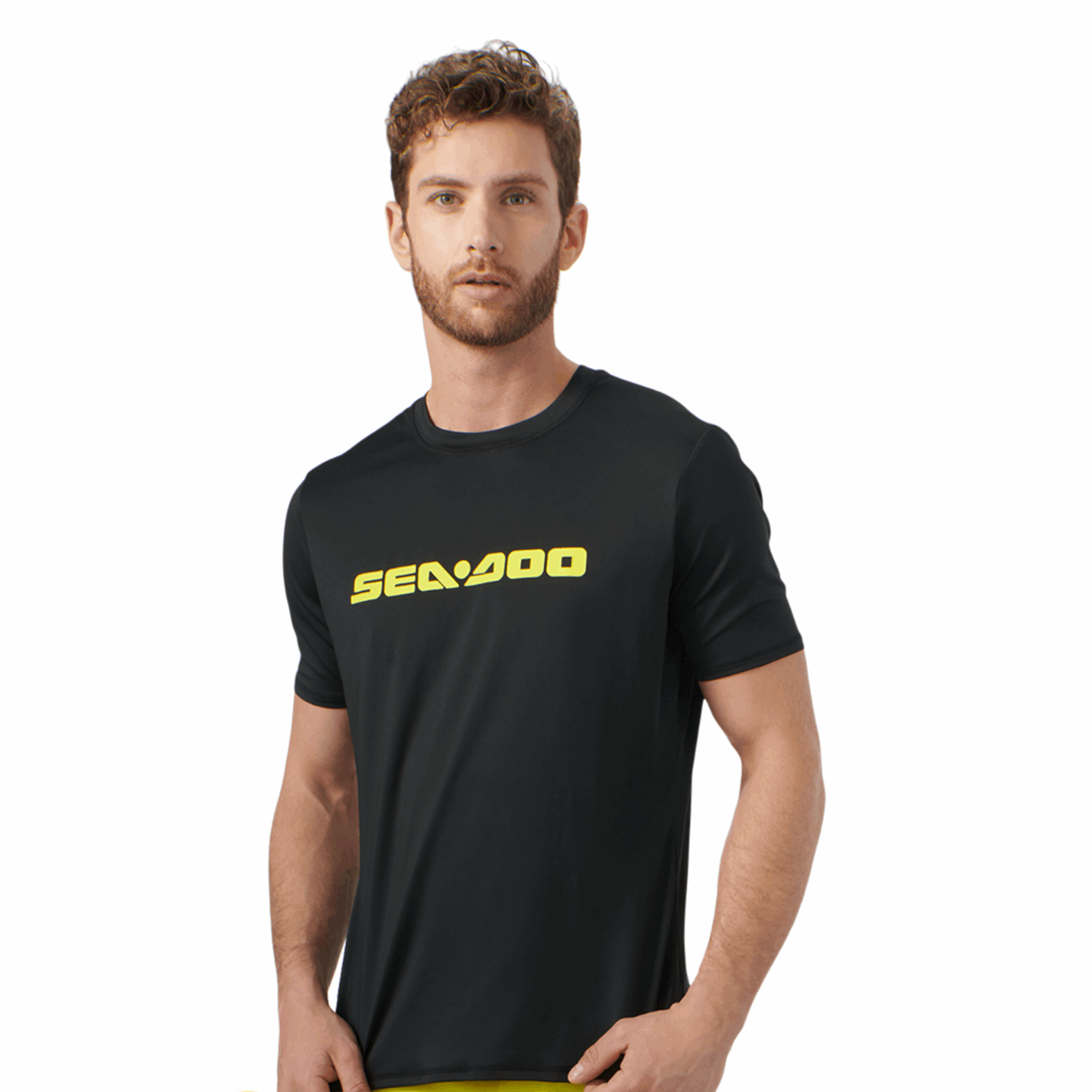 Sea-Doo men's short sleeve rashguard in black with a yellow Sea-Doo logo.