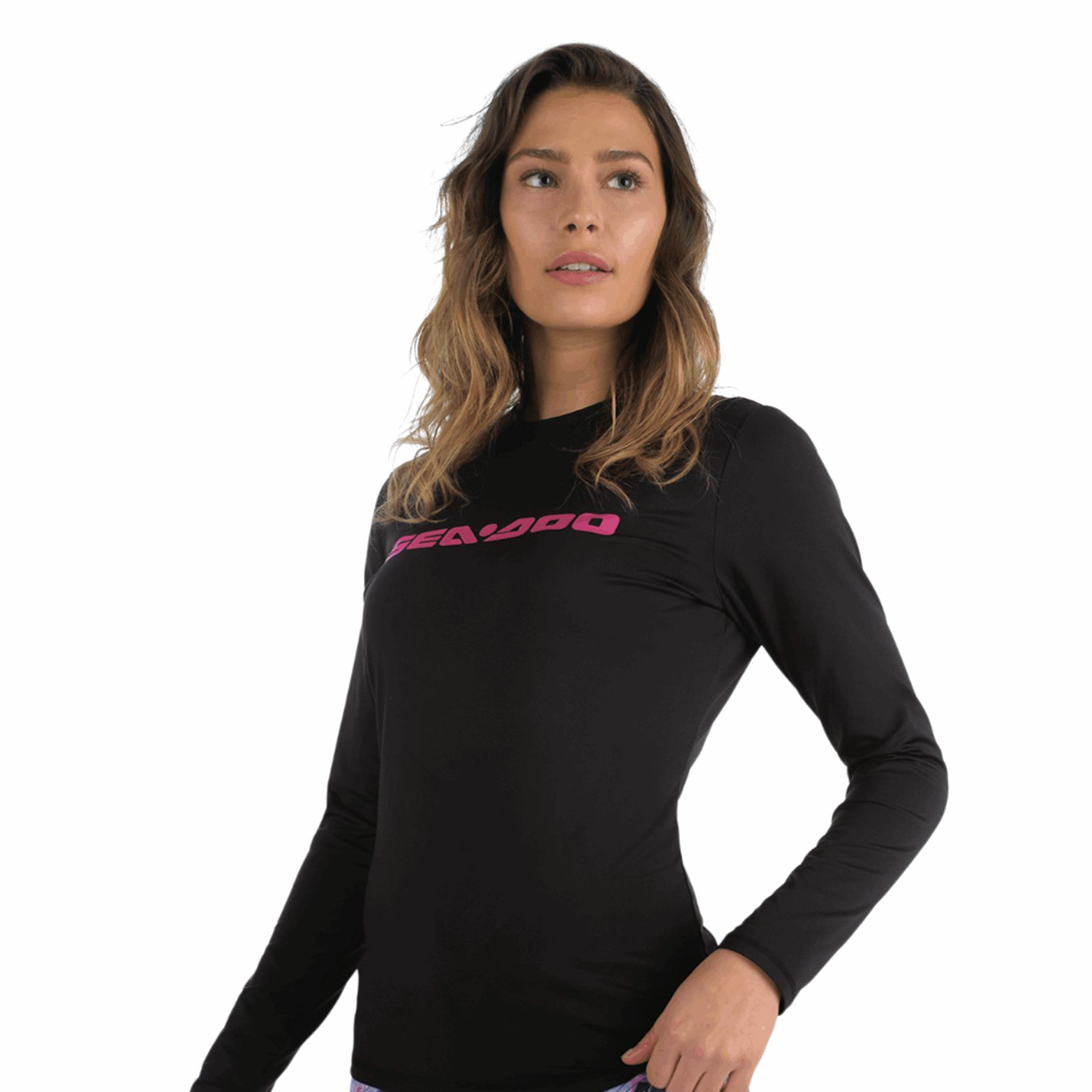 Women's Long Sleeve Rashguard Signature in black with pink logo for riding gear